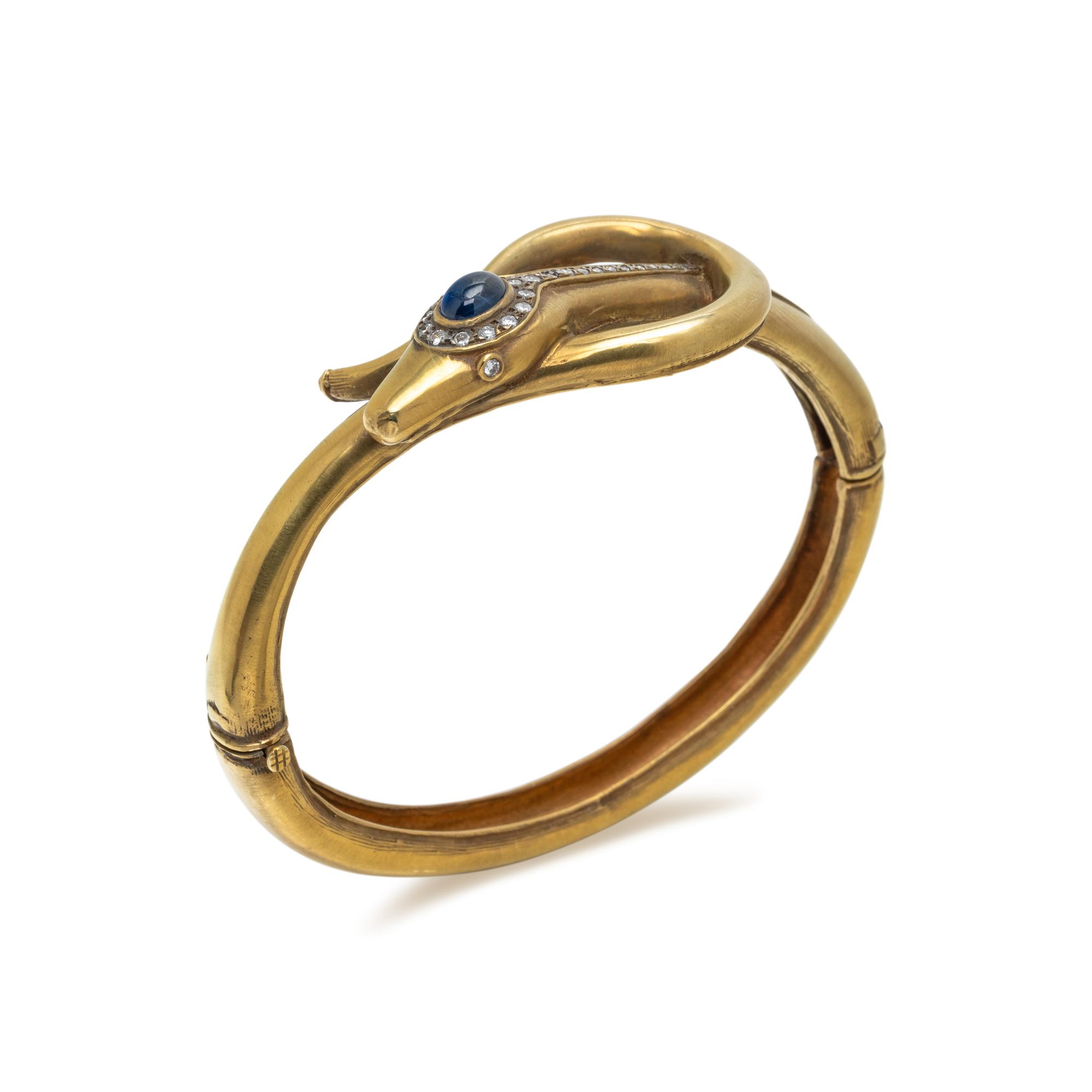 YELLOW GOLD, SAPPHIRE AND DIAMOND SNAKE BANGLE BRACELET