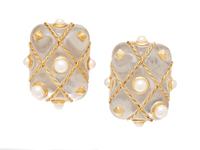 ROCK CRYSTAL QUARTZ, CULTURED PEARL, AND YELLOW GOLD EARRINGS