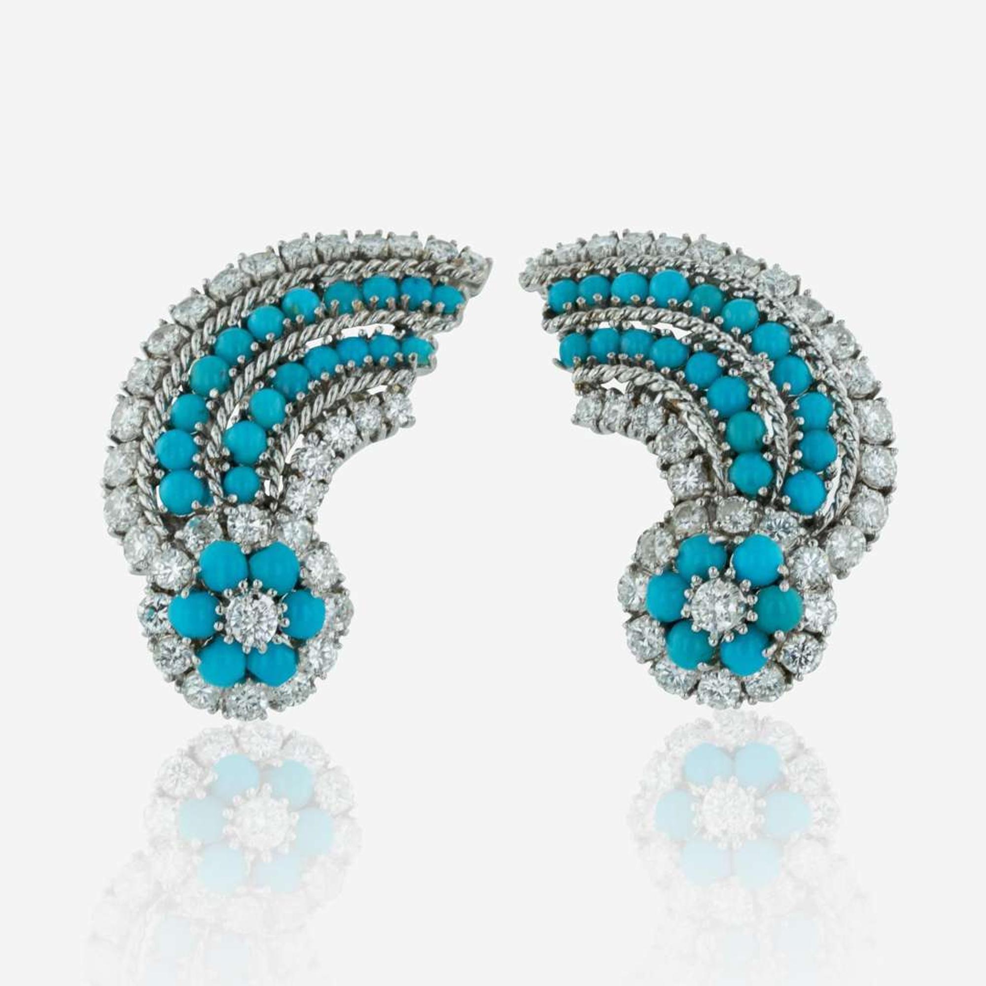 Pair of Platinum, Turquoise, and Diamond Earrings