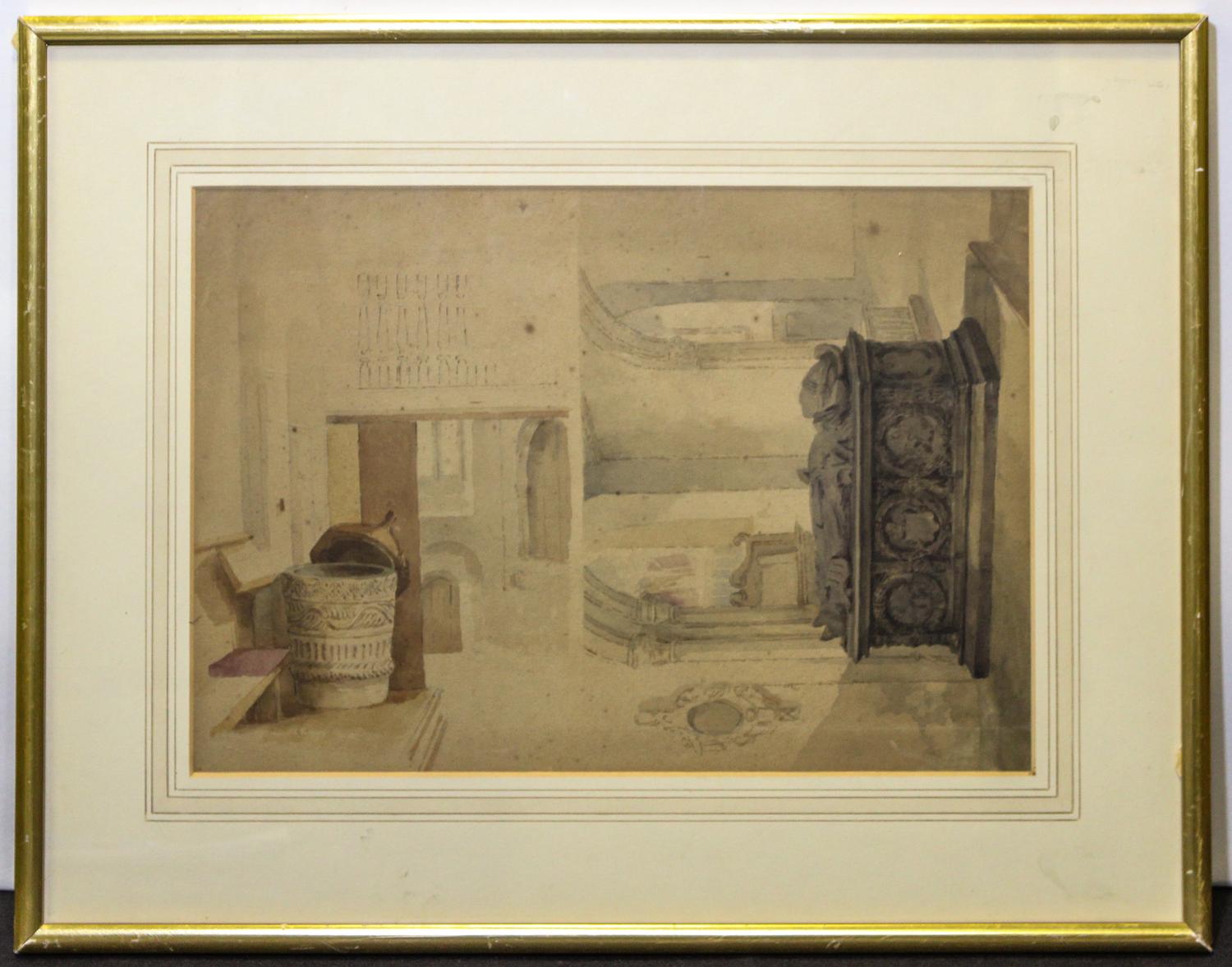 David Roberts, (Scottish, 1796-1864), Tomb Scene Sketch and Cathedral Interior (a pair of works)