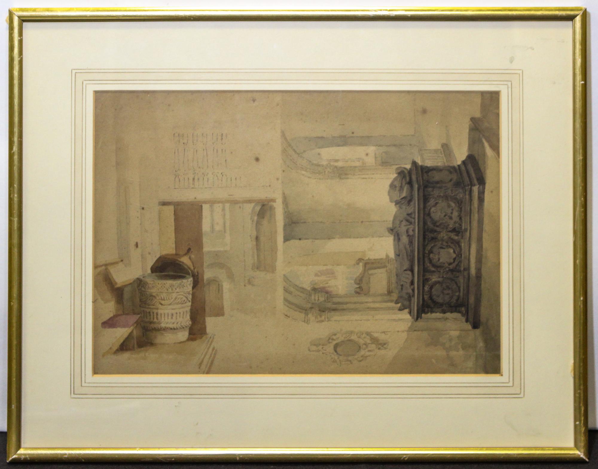 David Roberts, (Scottish, 1796-1864), Tomb Scene Sketch and Cathedral Interior (a pair of works)