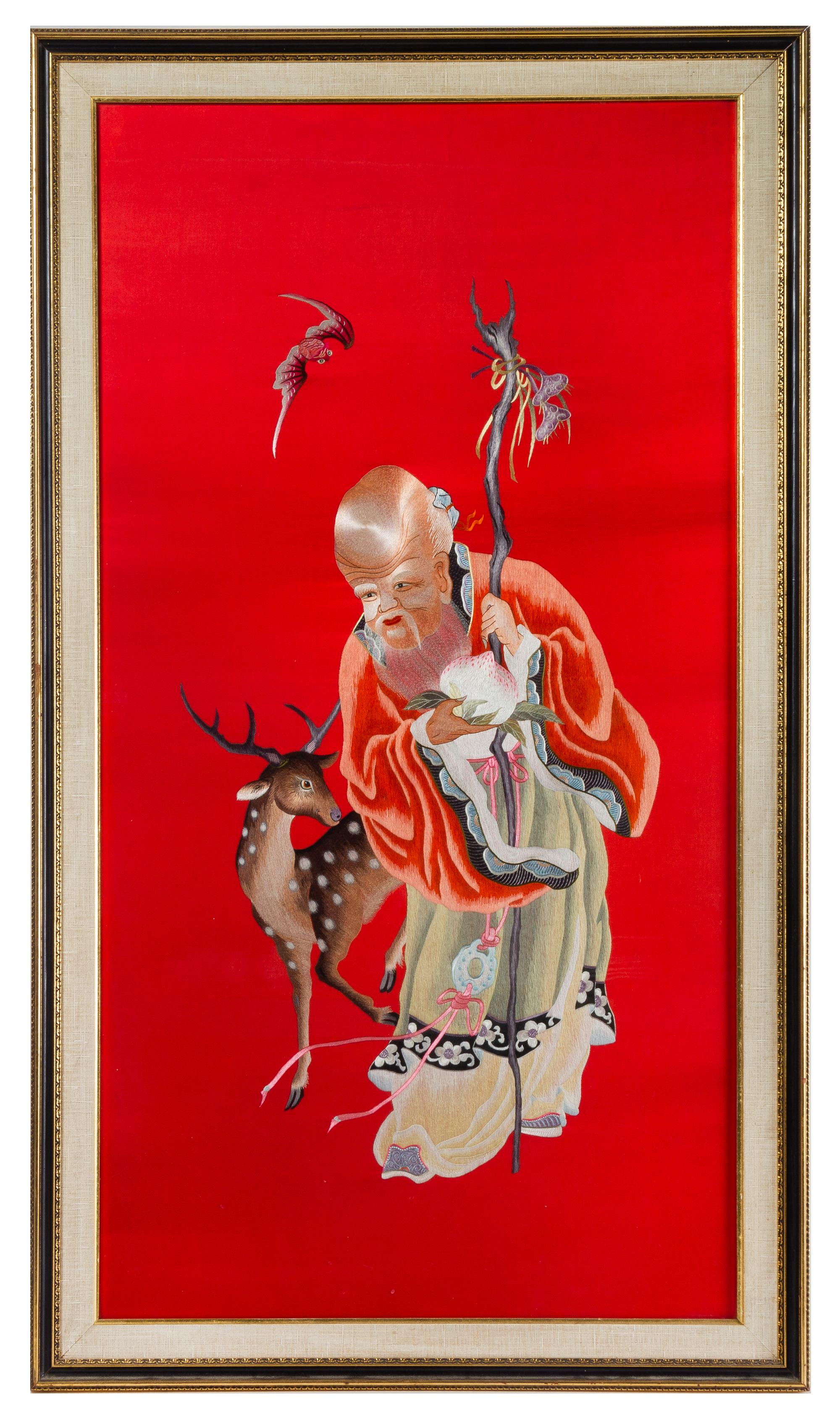 A Chinese Embroidered Silk Panel Height 41 1/4 x width 21 1/2 inches (image). — 20TH CENTURY