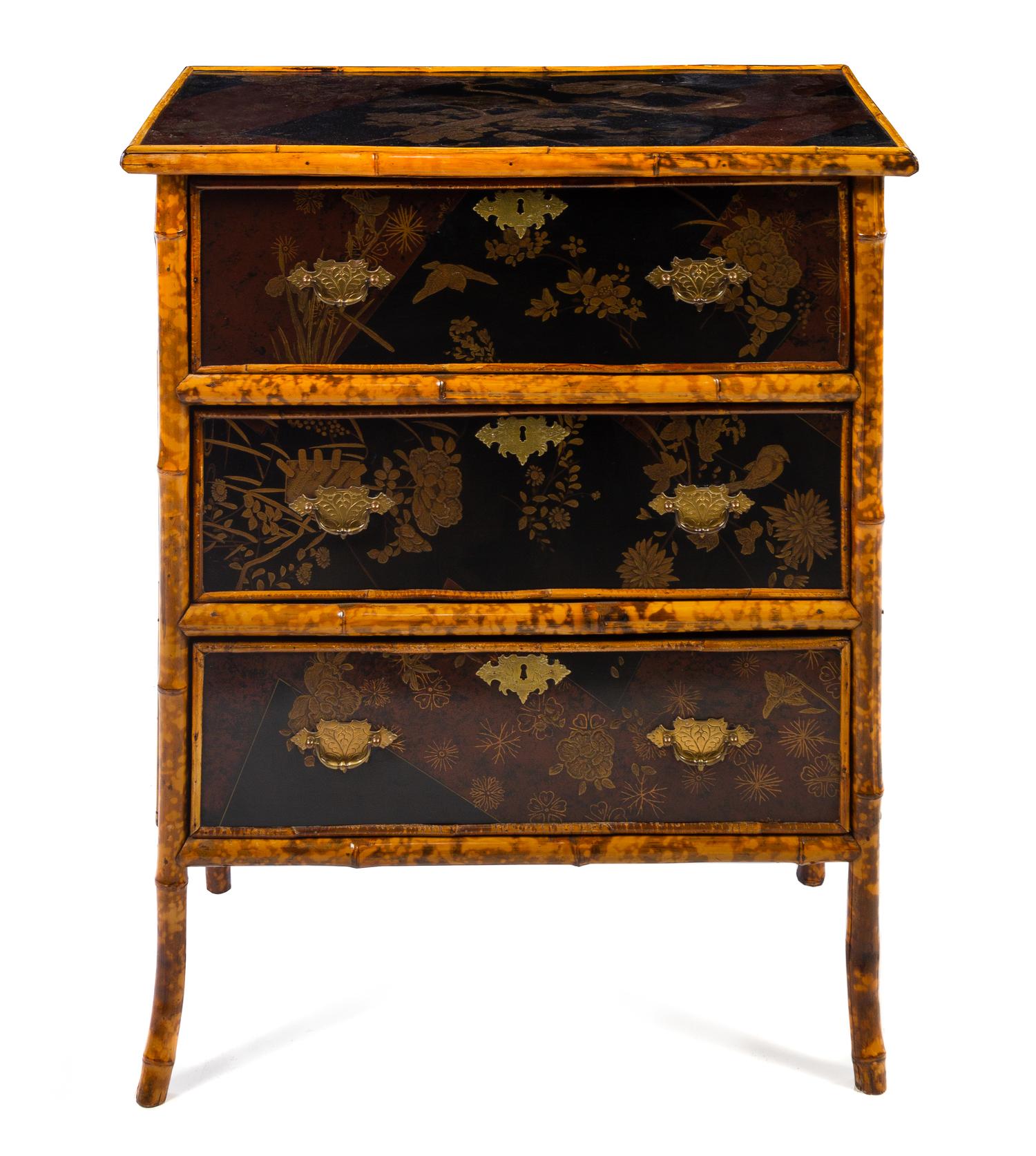 A Victorian Bamboo and Lacquer Chest of Drawers Height 36 1/2 x width 30 1/2 x depth 17 1/2 inches. — LATE 19TH CENTURY