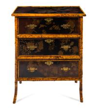A Victorian Bamboo and Lacquer Chest of Drawers Height 36 1/2 x width 30 1/2 x depth 17 1/2 inches. — LATE 19TH CENTURY