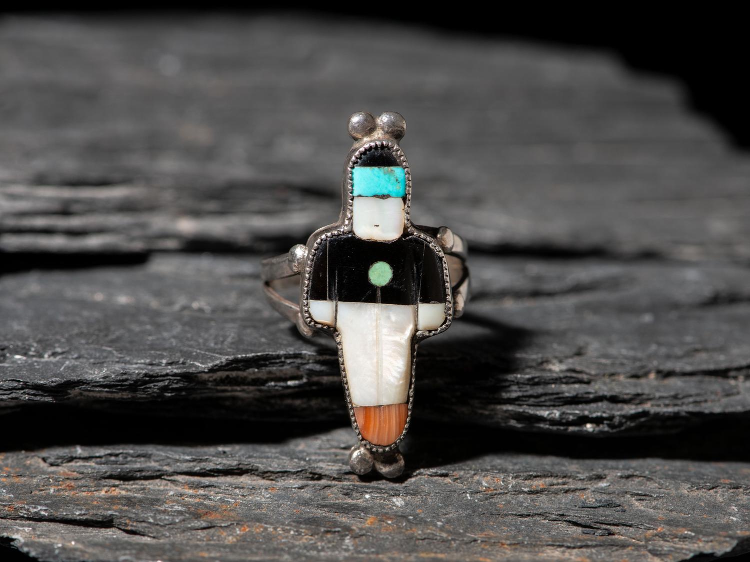 Zuni Silver and Mosaic Inlay Figural Ring