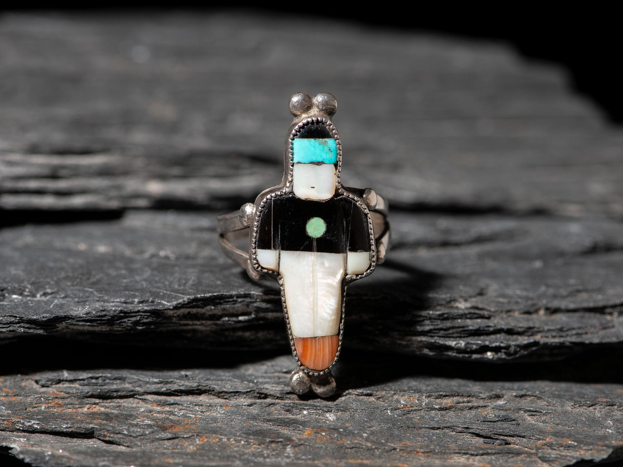Zuni Silver and Mosaic Inlay Figural Ring
