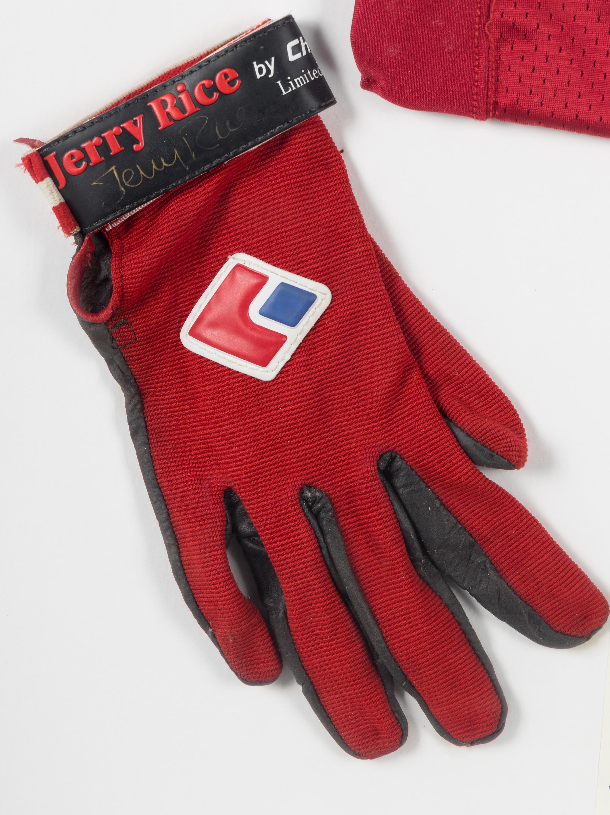 A Jerry Rice Signed Autograph San Francisco 49ers Jersey Presentation With Game Used Gloves (Topps Certificate of Authenticity),