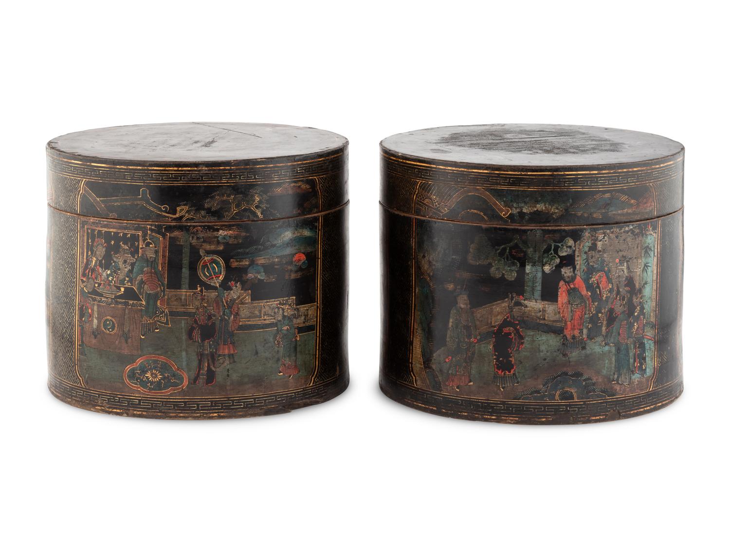 A Pair of Chinese Export Black Lacquer Circular Boxes