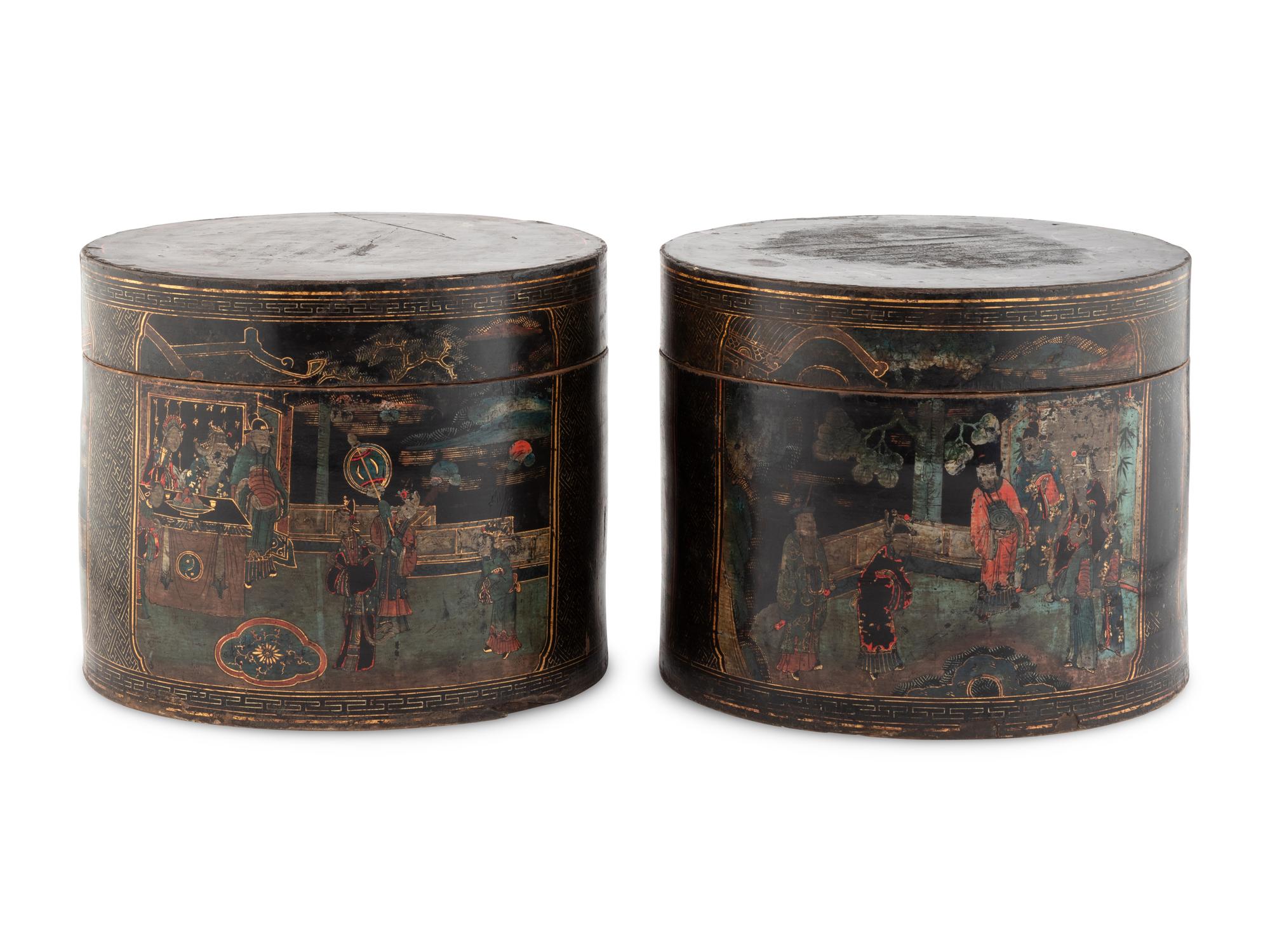 A Pair of Chinese Export Black Lacquer Circular Boxes