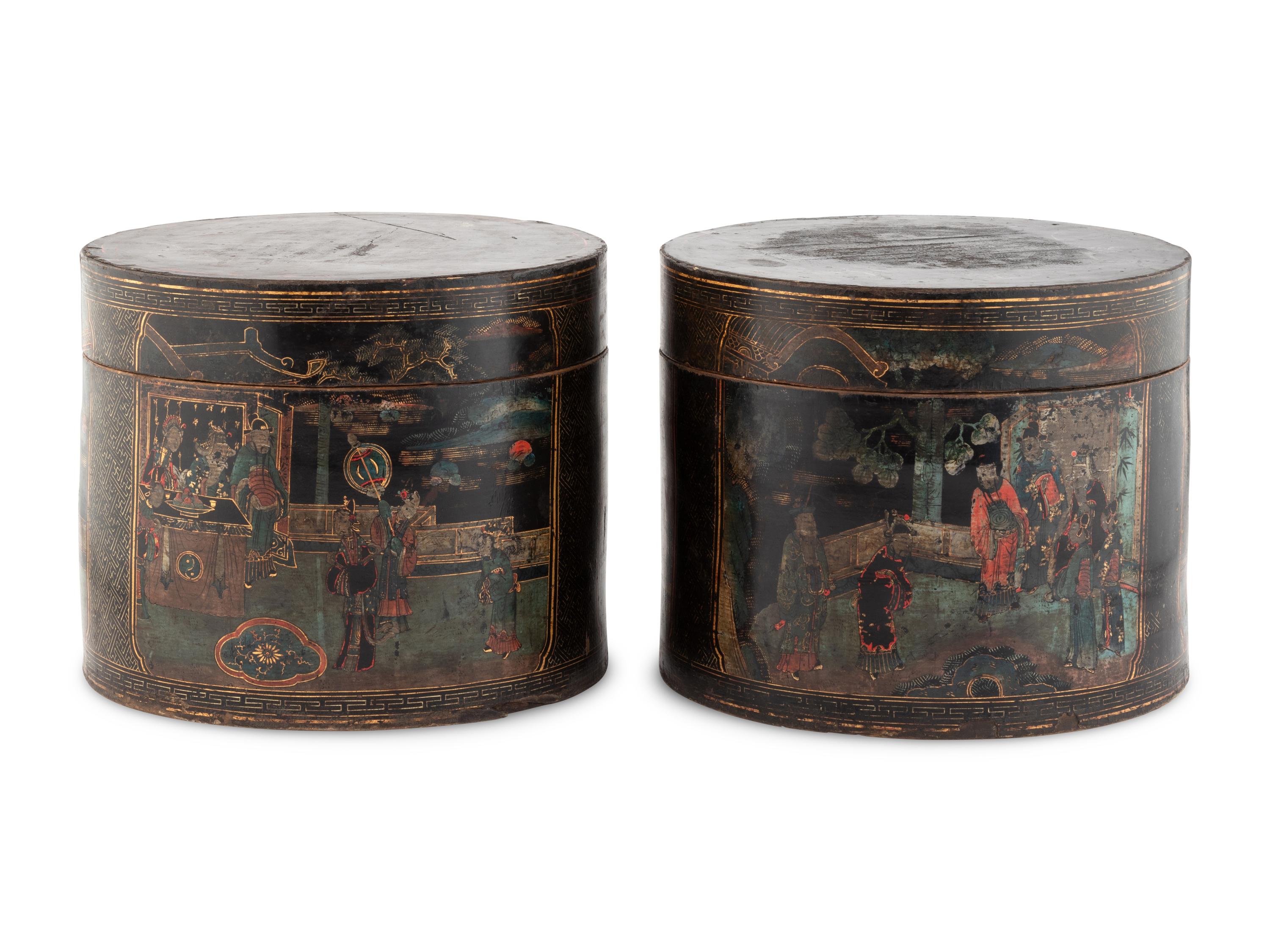 A Pair of Chinese Export Black Lacquer Circular Boxes
