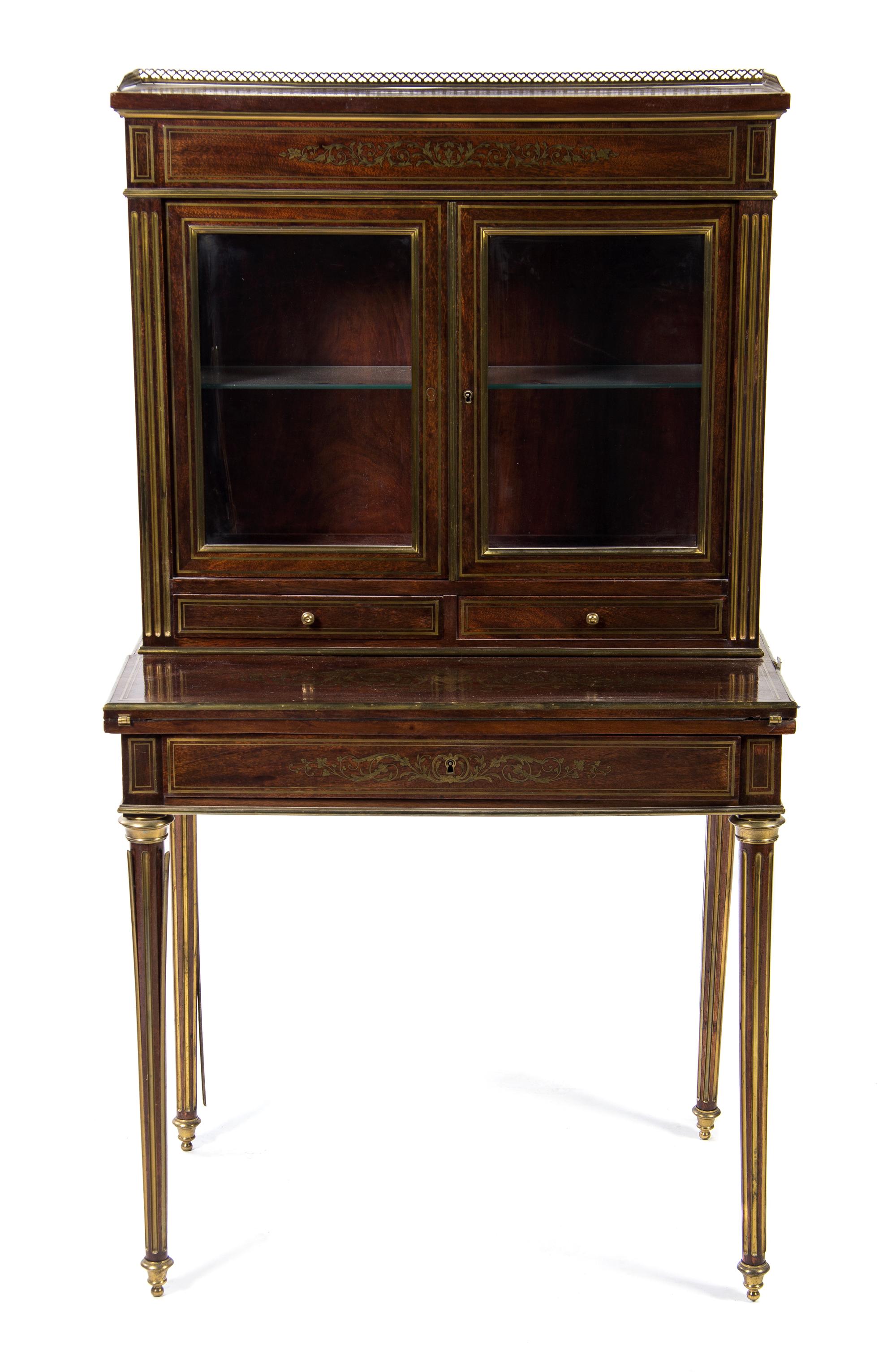 A Russian Empire Style Brass Mounted Mahogany Secretaire Bookcase, Height: 56 3/4 inches.