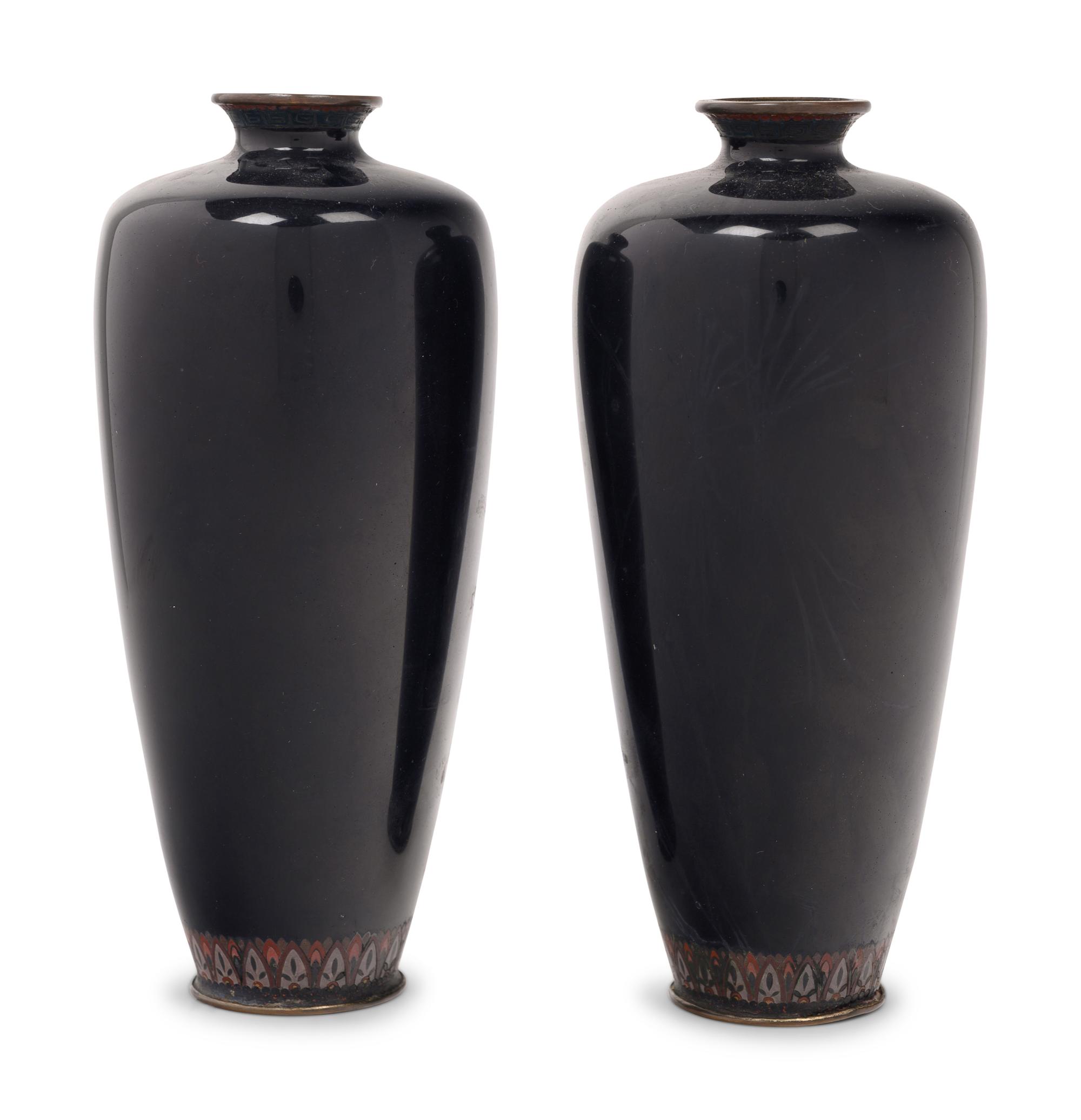 A Pair of Black Ground Cloisonné Vases