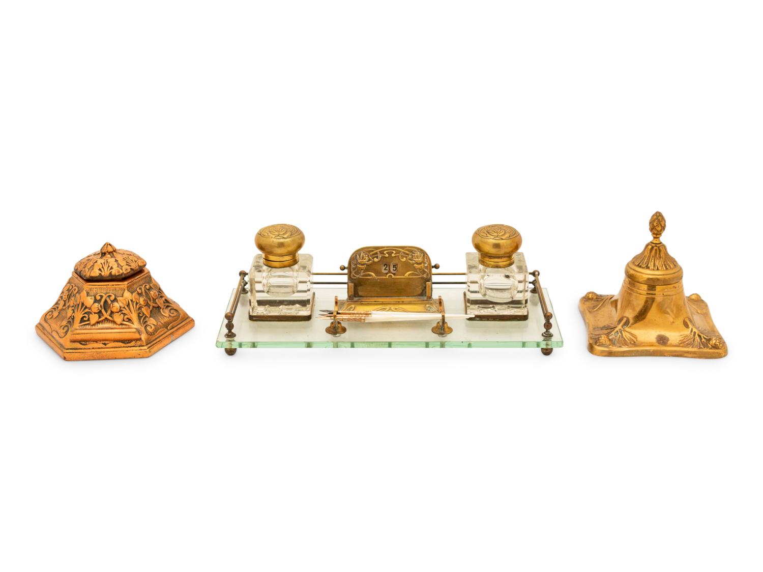 A Group of American Art Nouveau Brass and Glass Inkstands