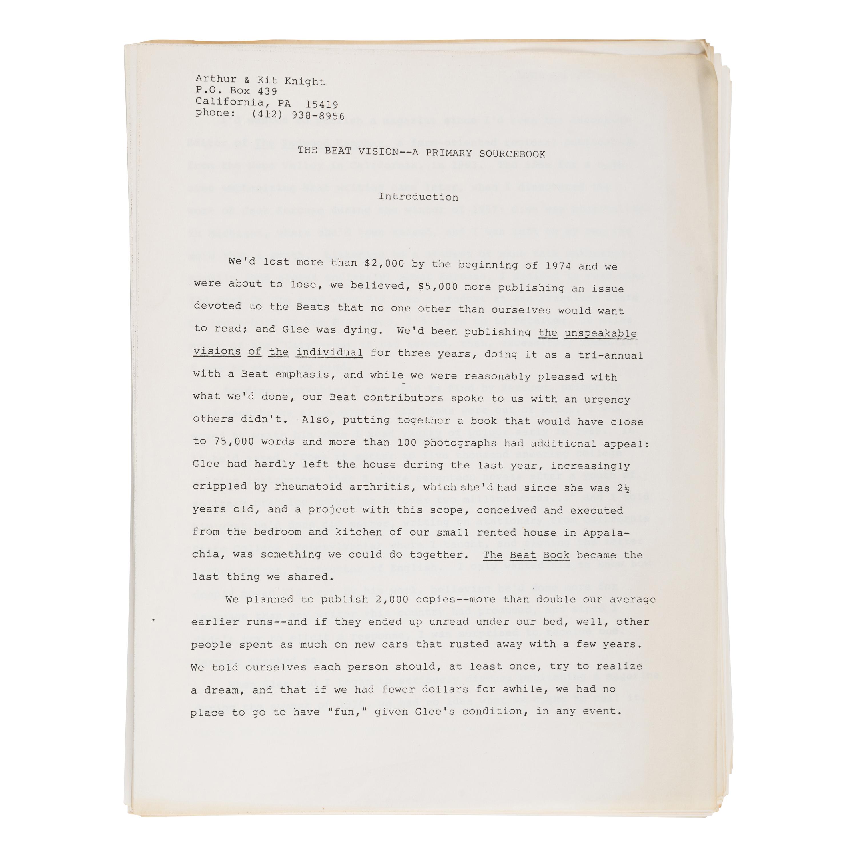 [The Beats]. A large archive of materials related to the Beat Generation, including typescripts and material related to the publication of The Beat Vision and Kerouac and the Beats .