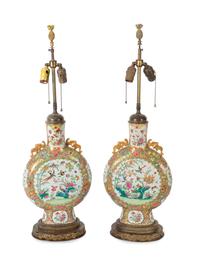A Pair of Bronze-Mounted Chinese Famille Rose Porcelain Pilgrim Flask Vases Mounted as Lamps — 19TH CENTURY