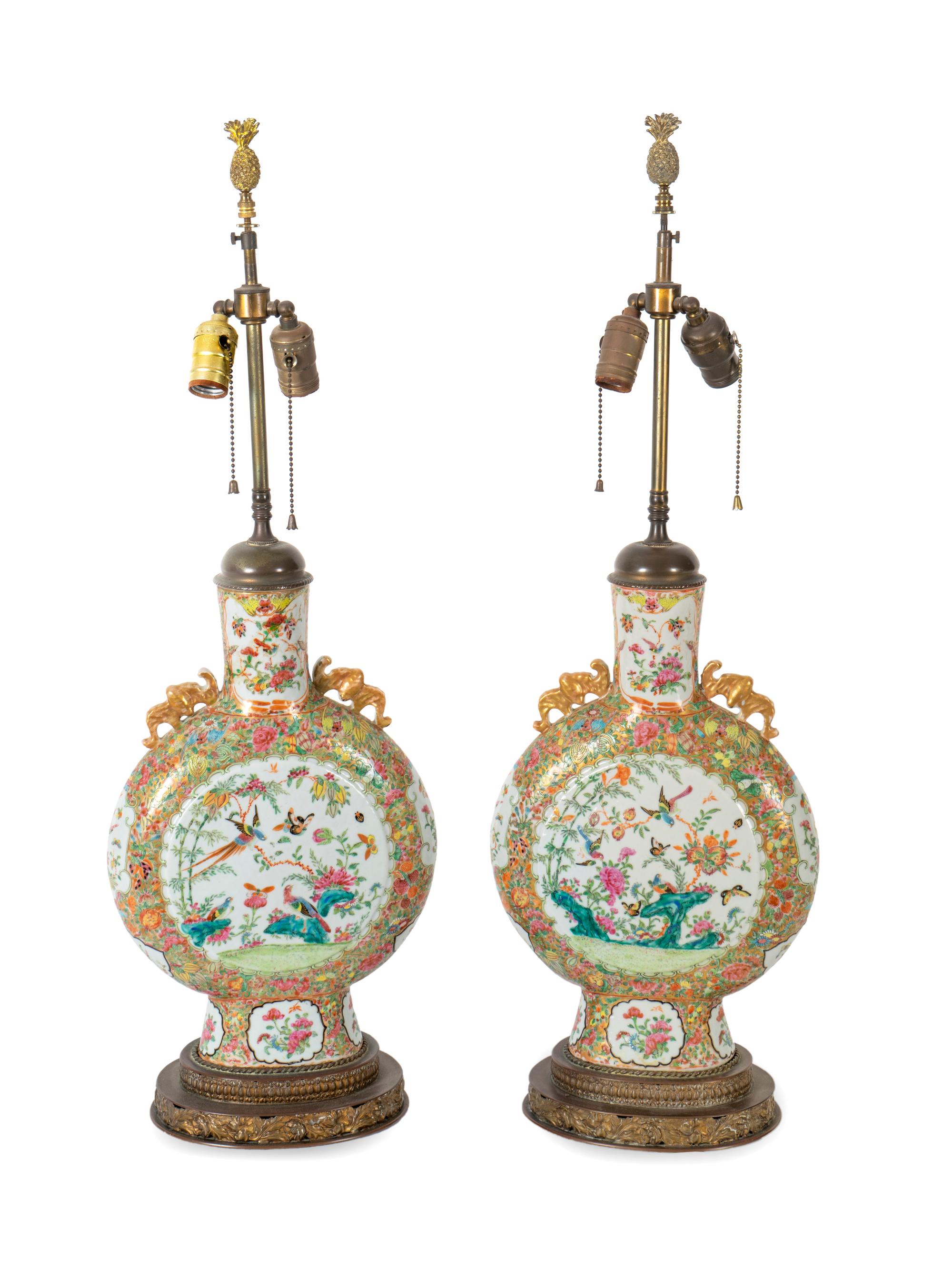 A Pair of Bronze-Mounted Chinese Famille Rose Porcelain Pilgrim Flask Vases Mounted as Lamps — 19TH CENTURY