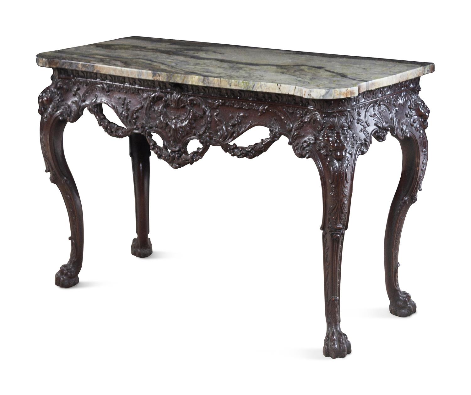 A Pair of George II Style Carved Walnut Marble-Top Pier Tables