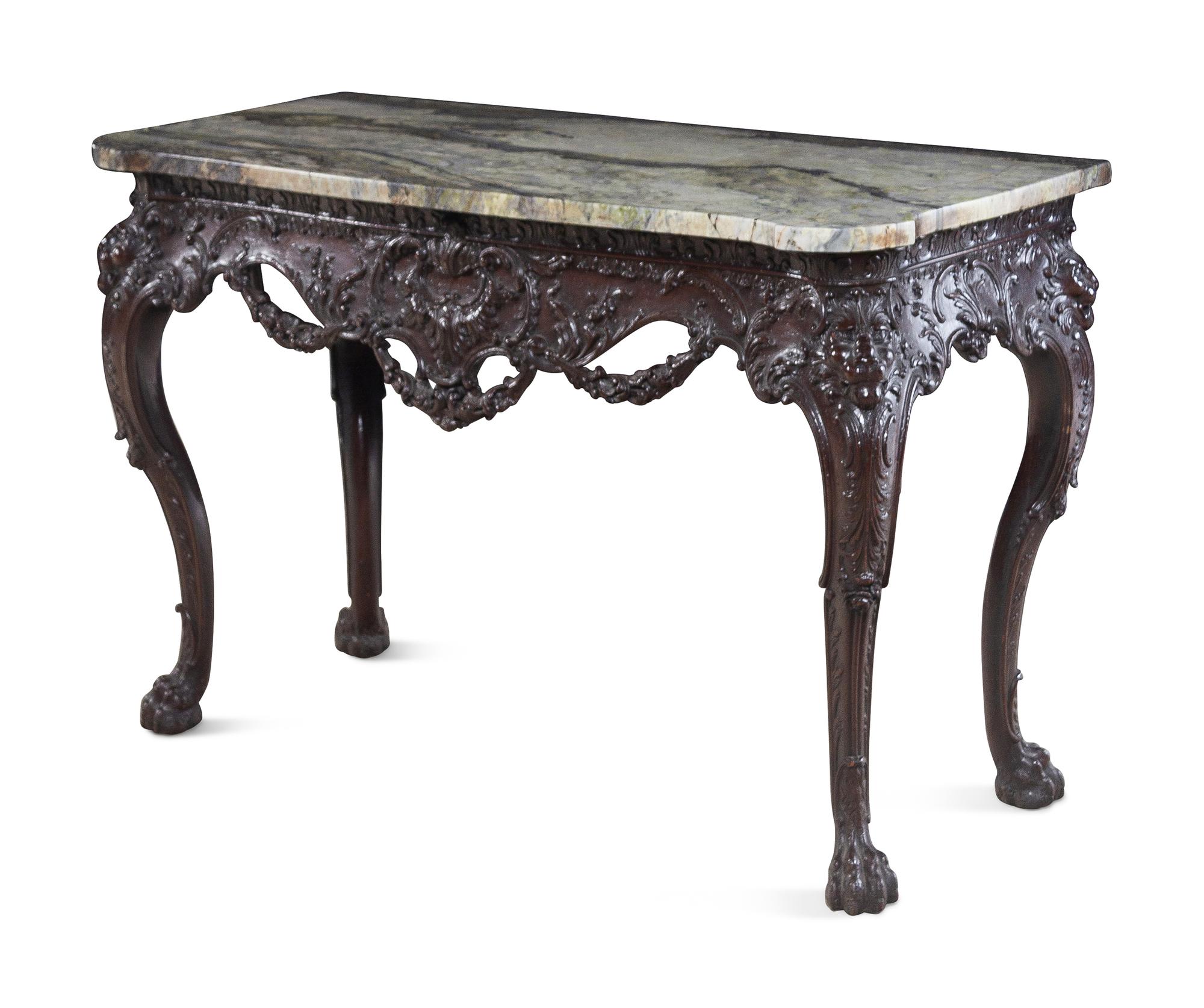 A Pair of George II Style Carved Walnut Marble-Top Pier Tables