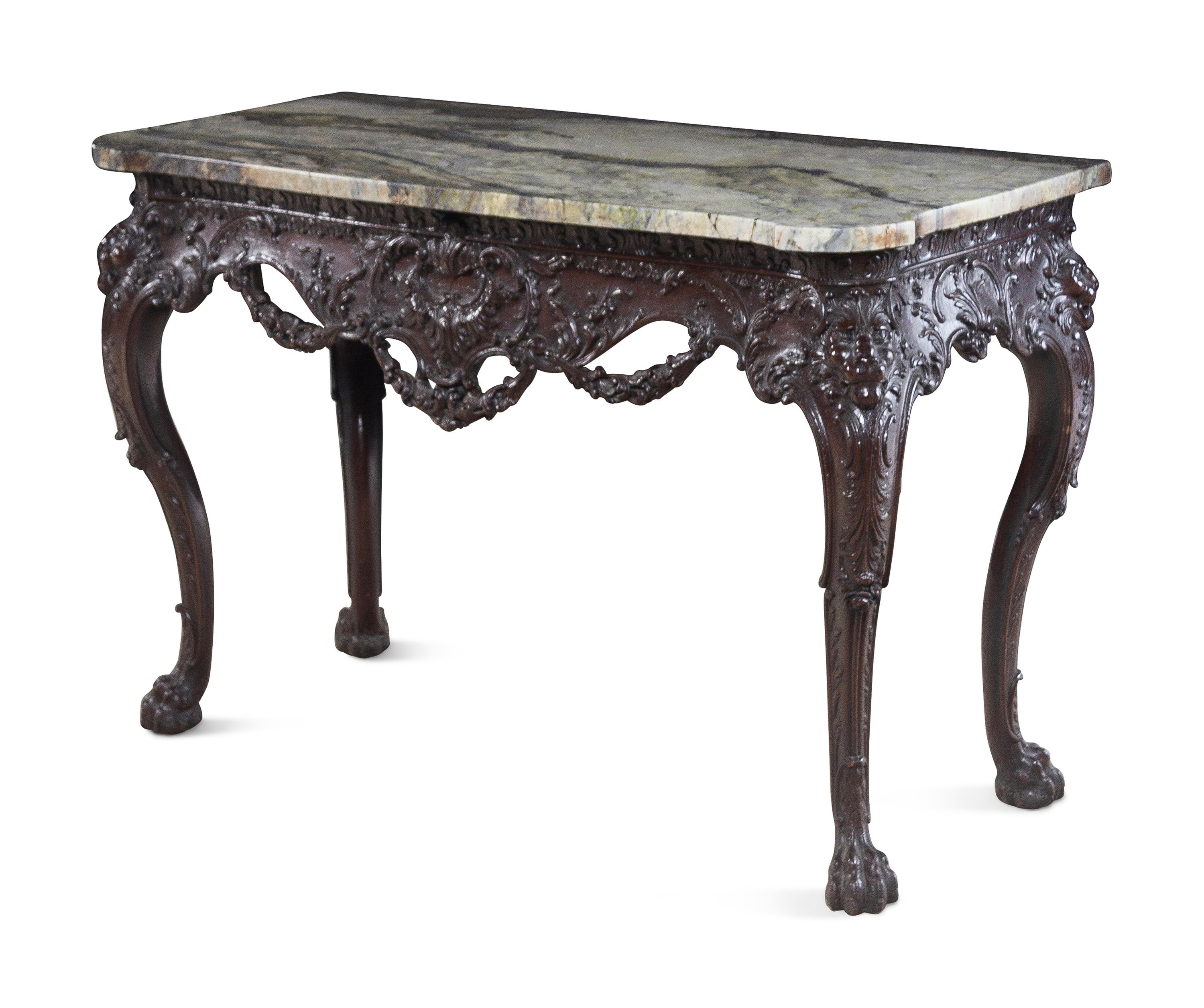 A Pair of George II Style Carved Walnut Marble-Top Pier Tables