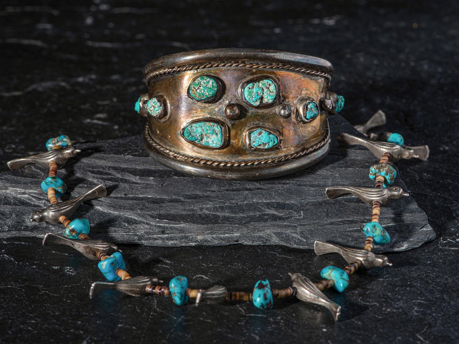 Navajo Silver and Turquoise Cuff Bracelet AND Southwestern-style Fetish Necklace
