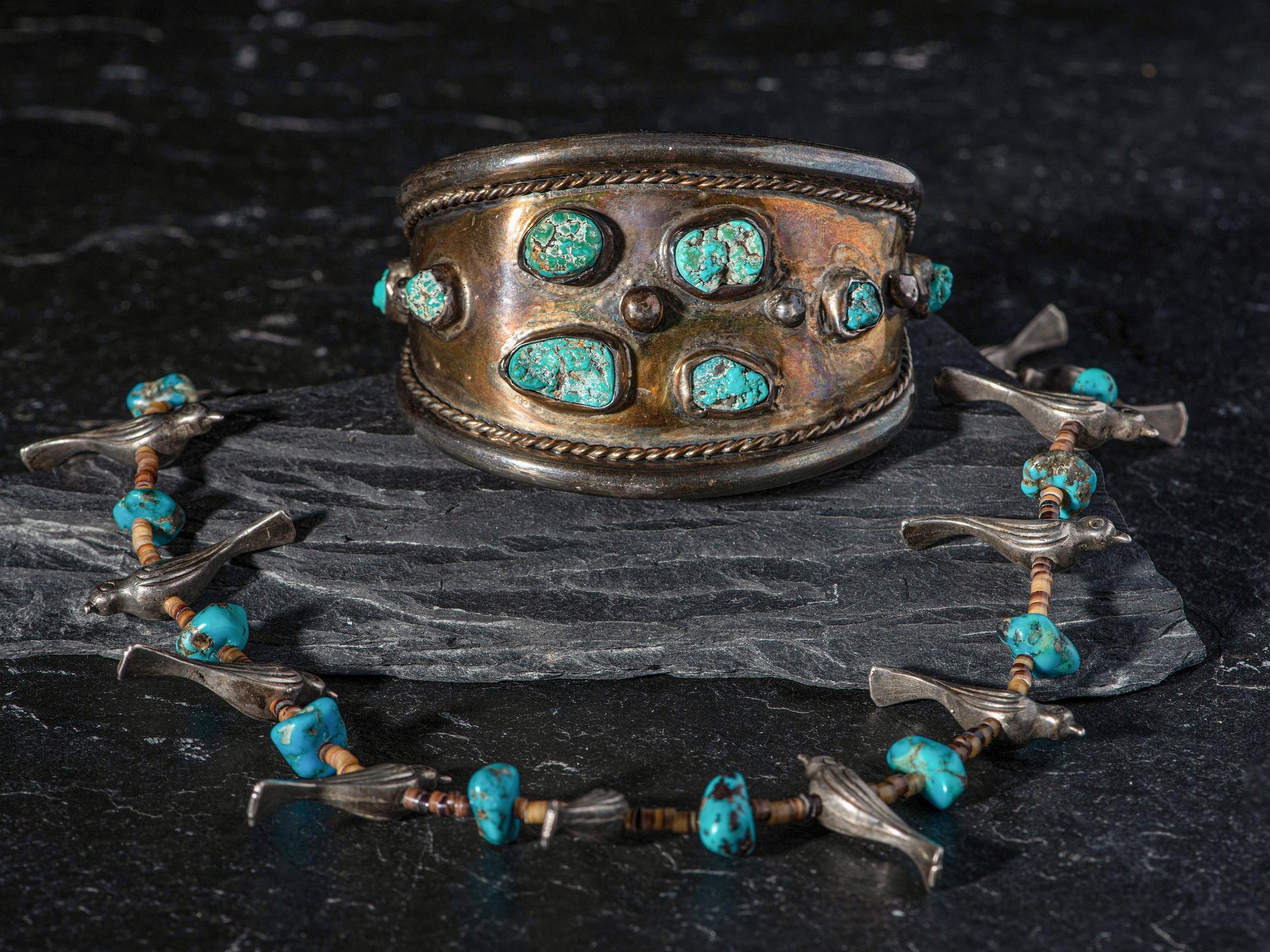 Navajo Silver and Turquoise Cuff Bracelet AND Southwestern-style Fetish Necklace