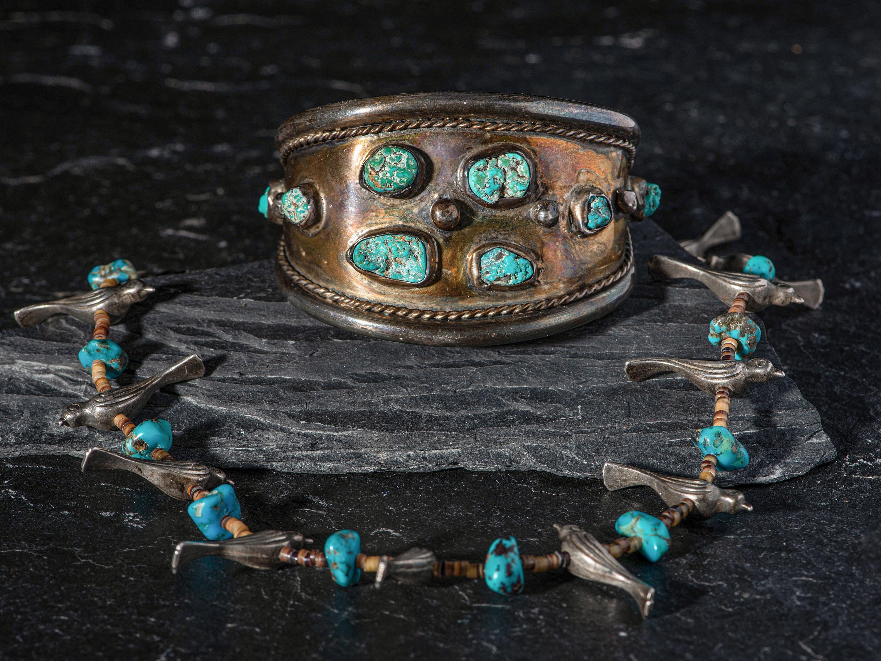 Navajo Silver and Turquoise Cuff Bracelet AND Southwestern-style Fetish Necklace