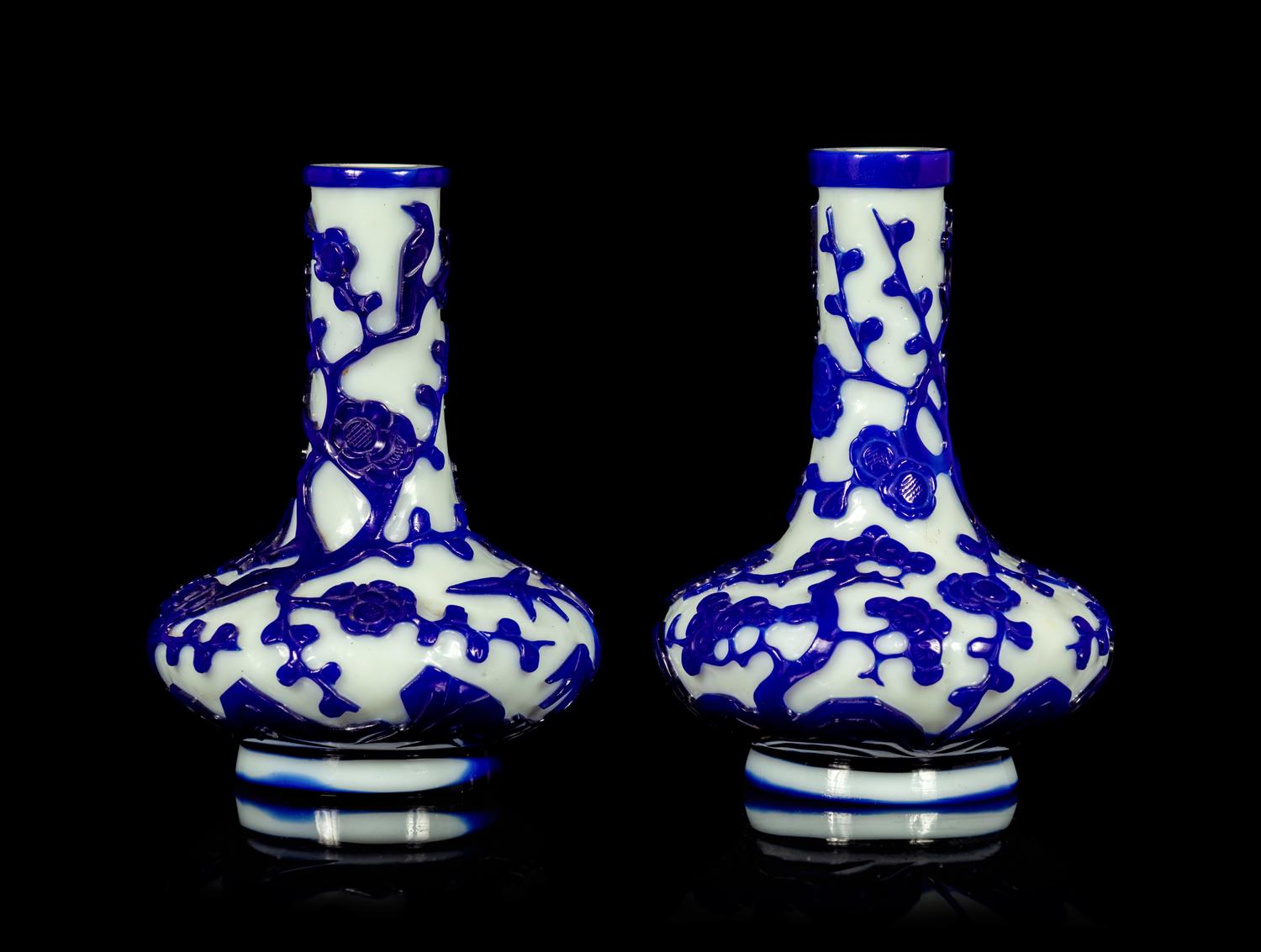 A Pair of Chinese Blue Overlay Opaque White Glass Bottle Vases