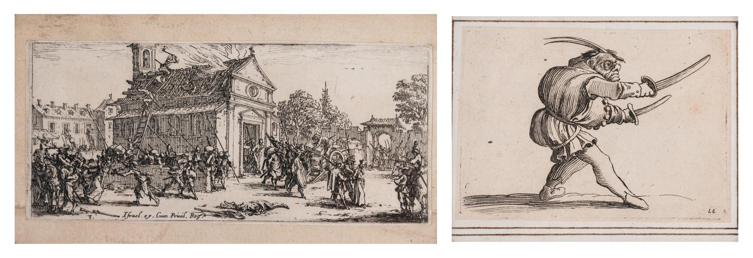 A pair of etchings (one from Les Petites Misères de la Guerre, the other from Gobbi)