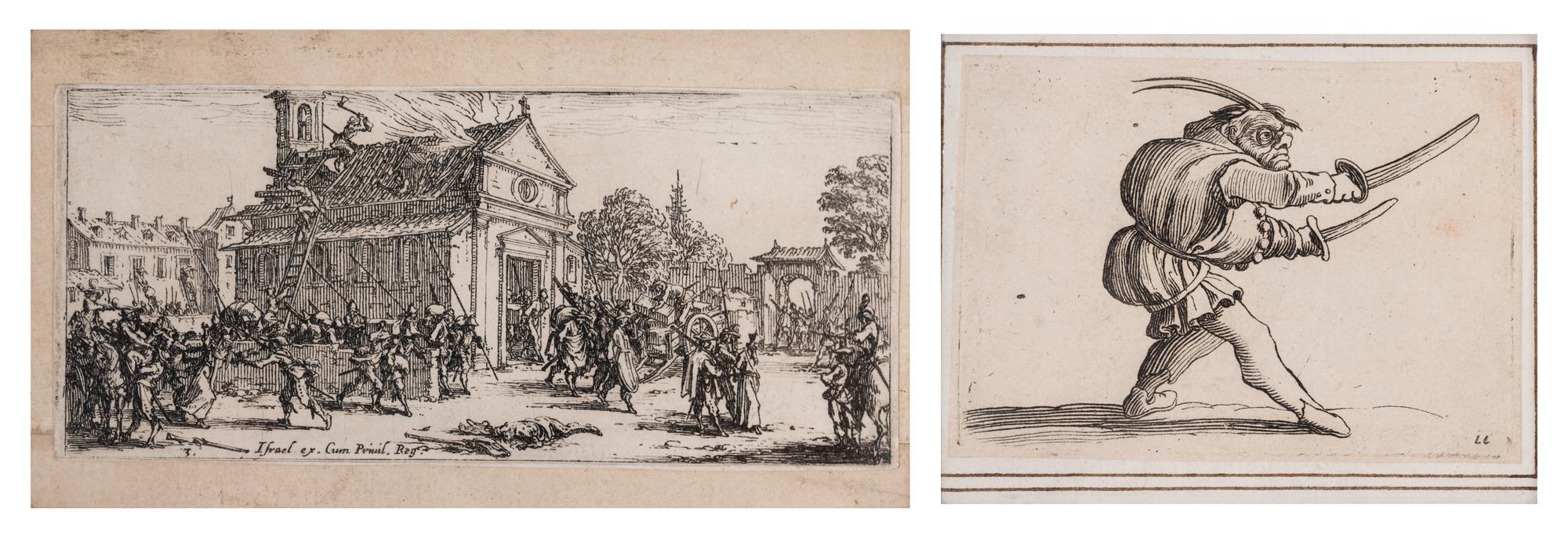 A pair of etchings (one from Les Petites Misères de la Guerre, the other from Gobbi)