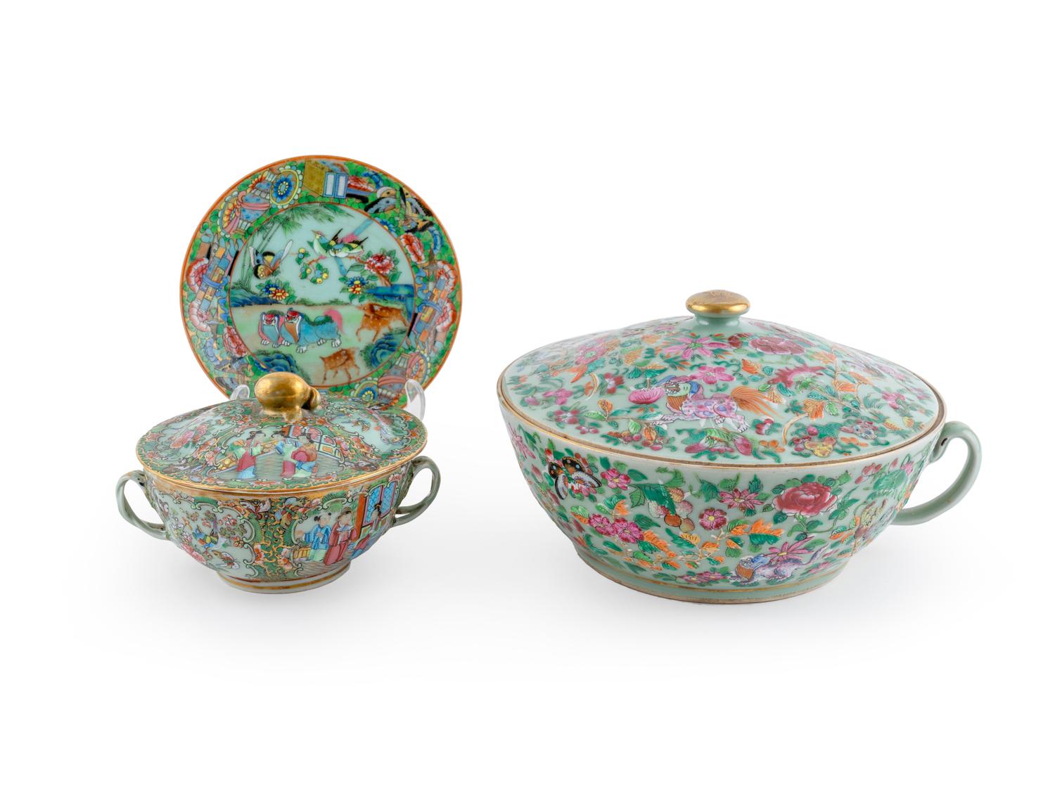 Three Chinese Export Famille Rose Celadon Articles — 19TH CENTURY