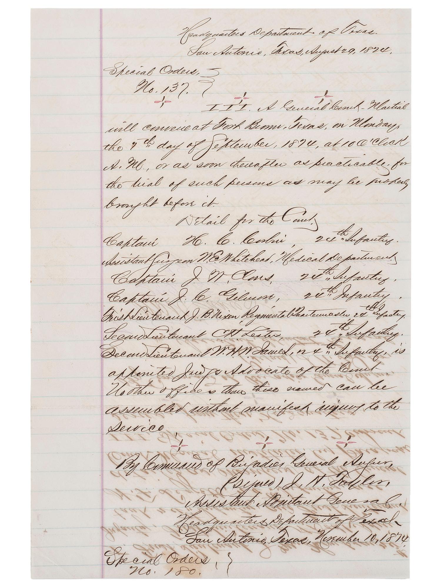 [BUFFALO SOLDIERS]. Special Orders commanding officers of the 24th Infantry to serve as general court martial detail, San Antonio, Texas, 29 August 1874.