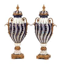 A Pair of Sevres Style Bronze Mounted Porcelain Urns Height 29 inches. — EARLY 20TH CENTURY