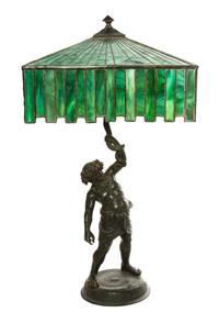 An American Leaded Glass Lamp, Height overall 26 x width of shade 14 1/4 inches.