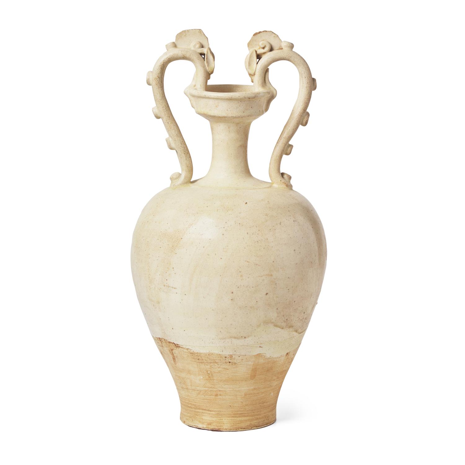 A Chinese White Glazed Pottery 'Amphora' Vase, Tang Dynasty 唐 白釉雙龍尊