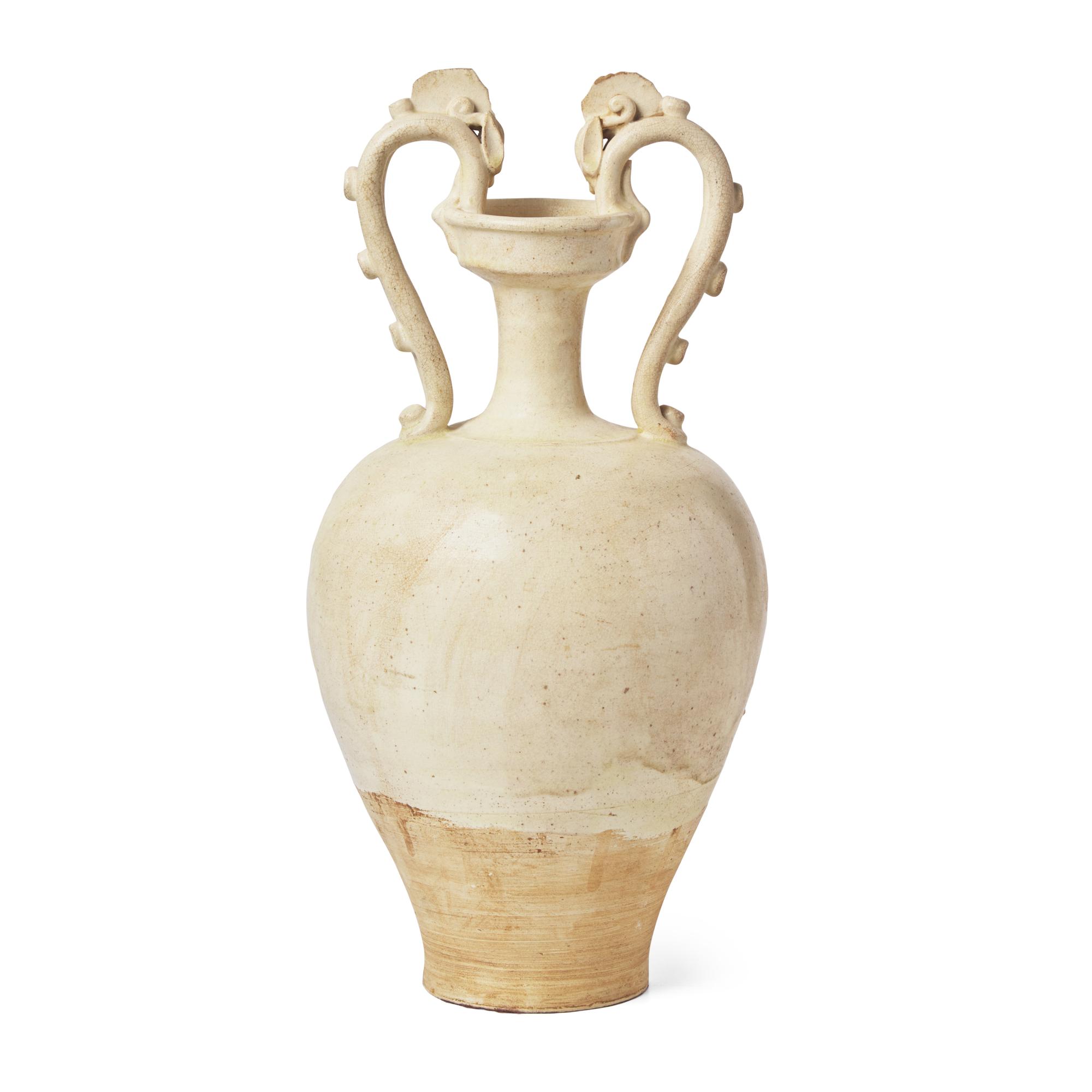 A Chinese White Glazed Pottery 'Amphora' Vase, Tang Dynasty 唐 白釉雙龍尊