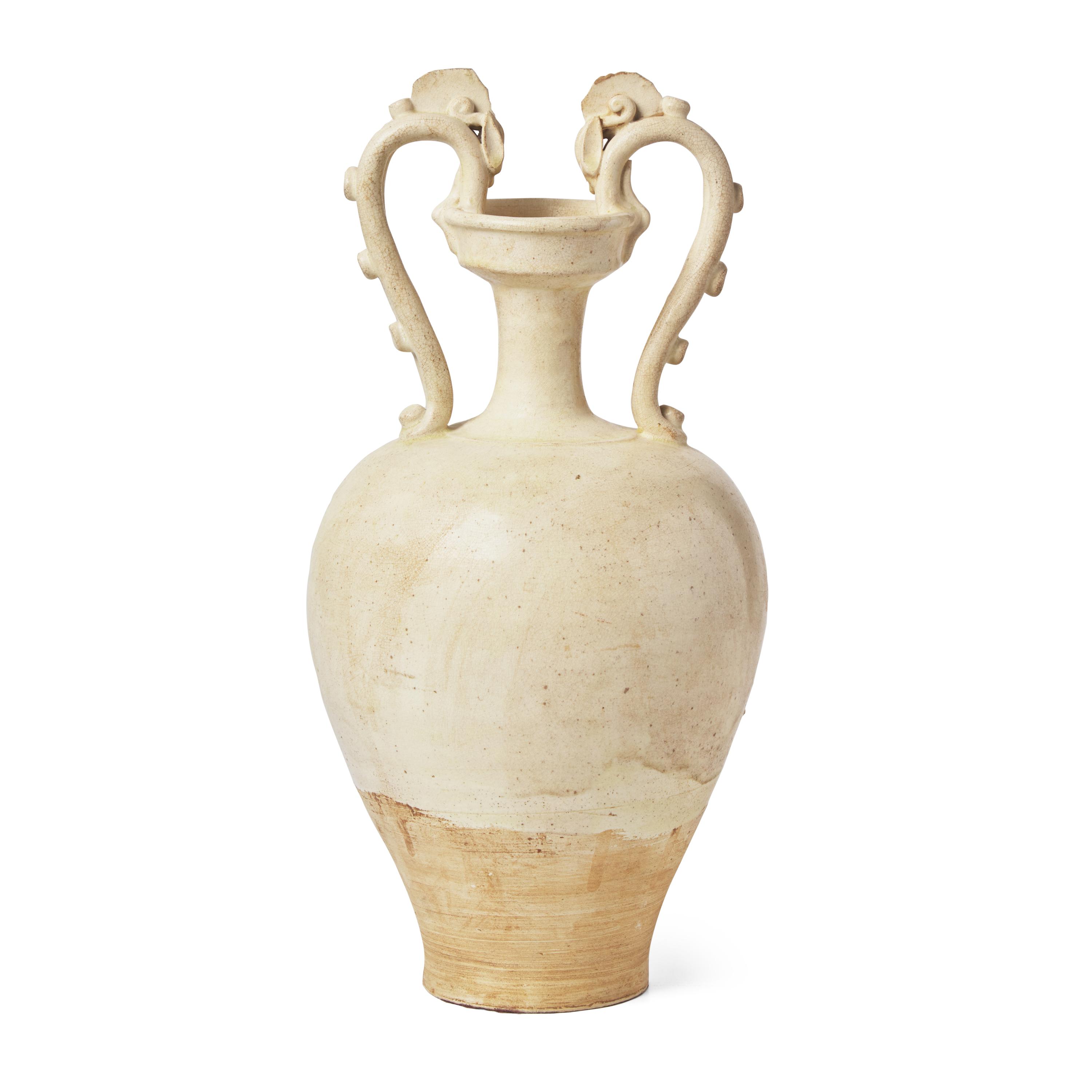 A Chinese White Glazed Pottery 'Amphora' Vase, Tang Dynasty 唐 白釉雙龍尊