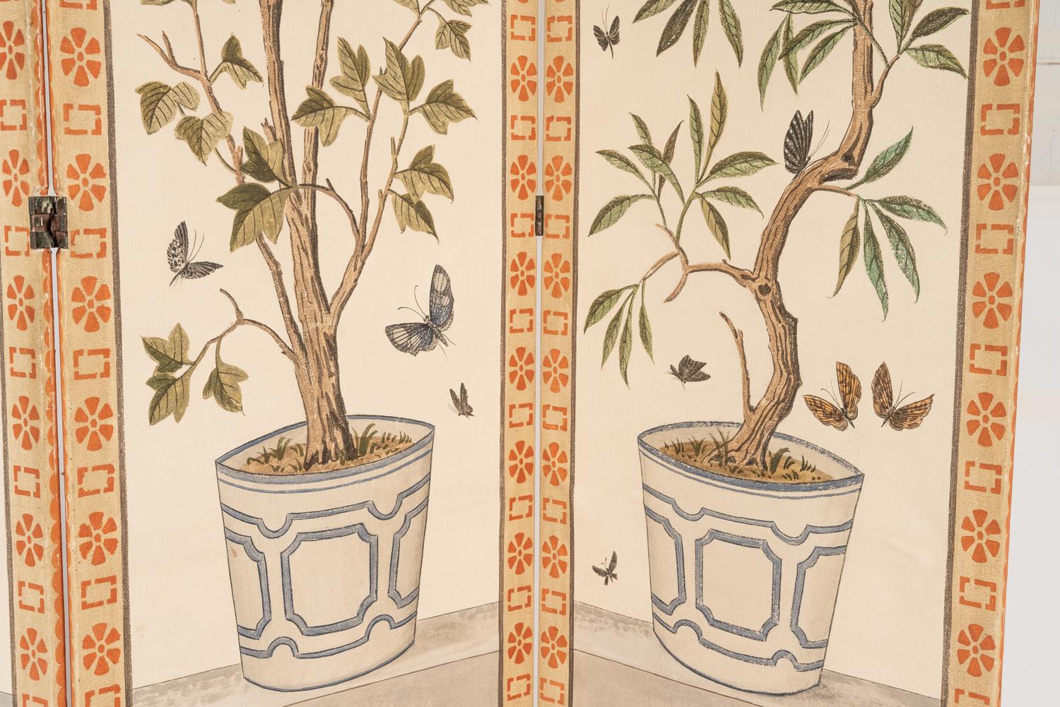 A Pair of Painted Three-Panel Screens