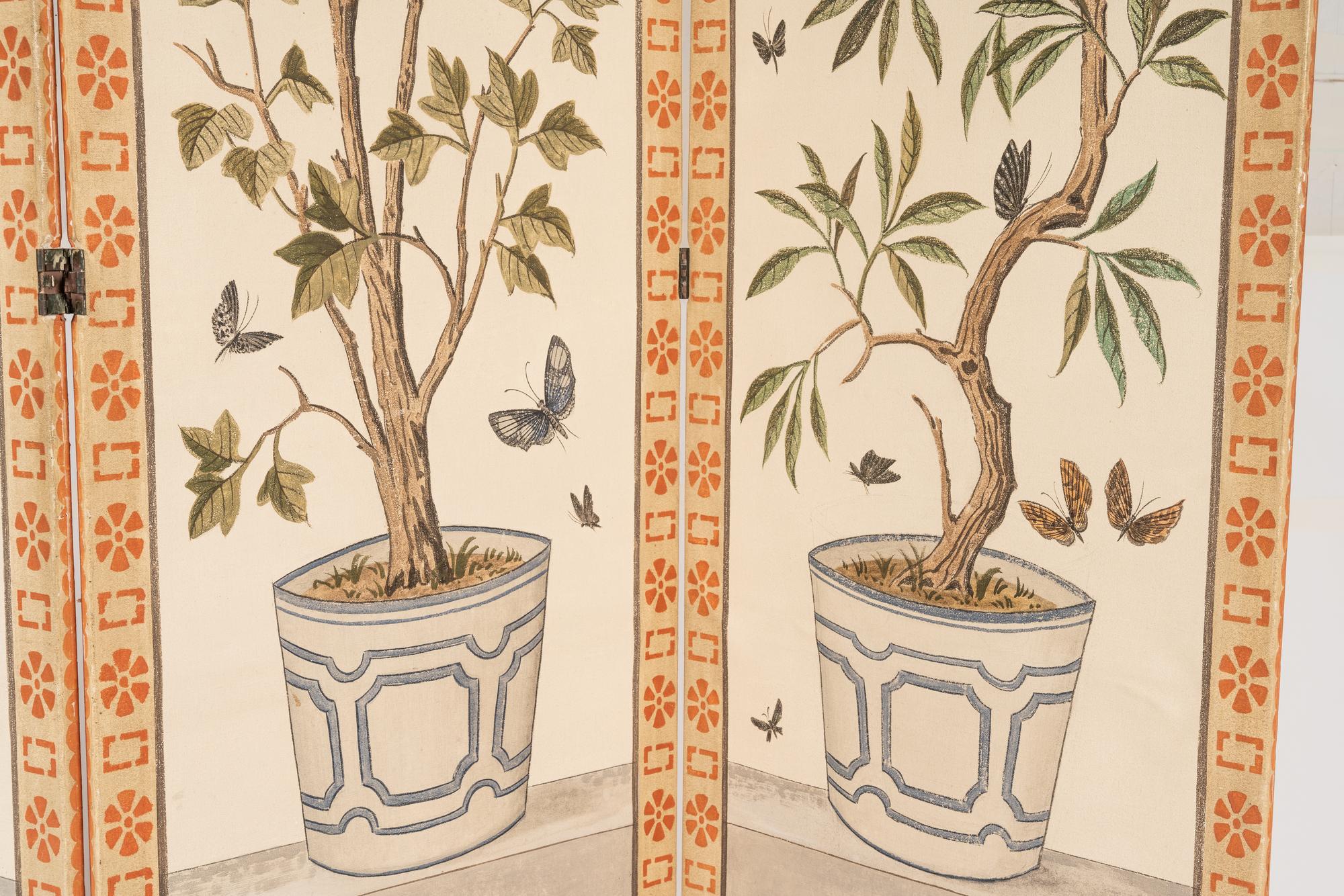 A Pair of Painted Three-Panel Screens