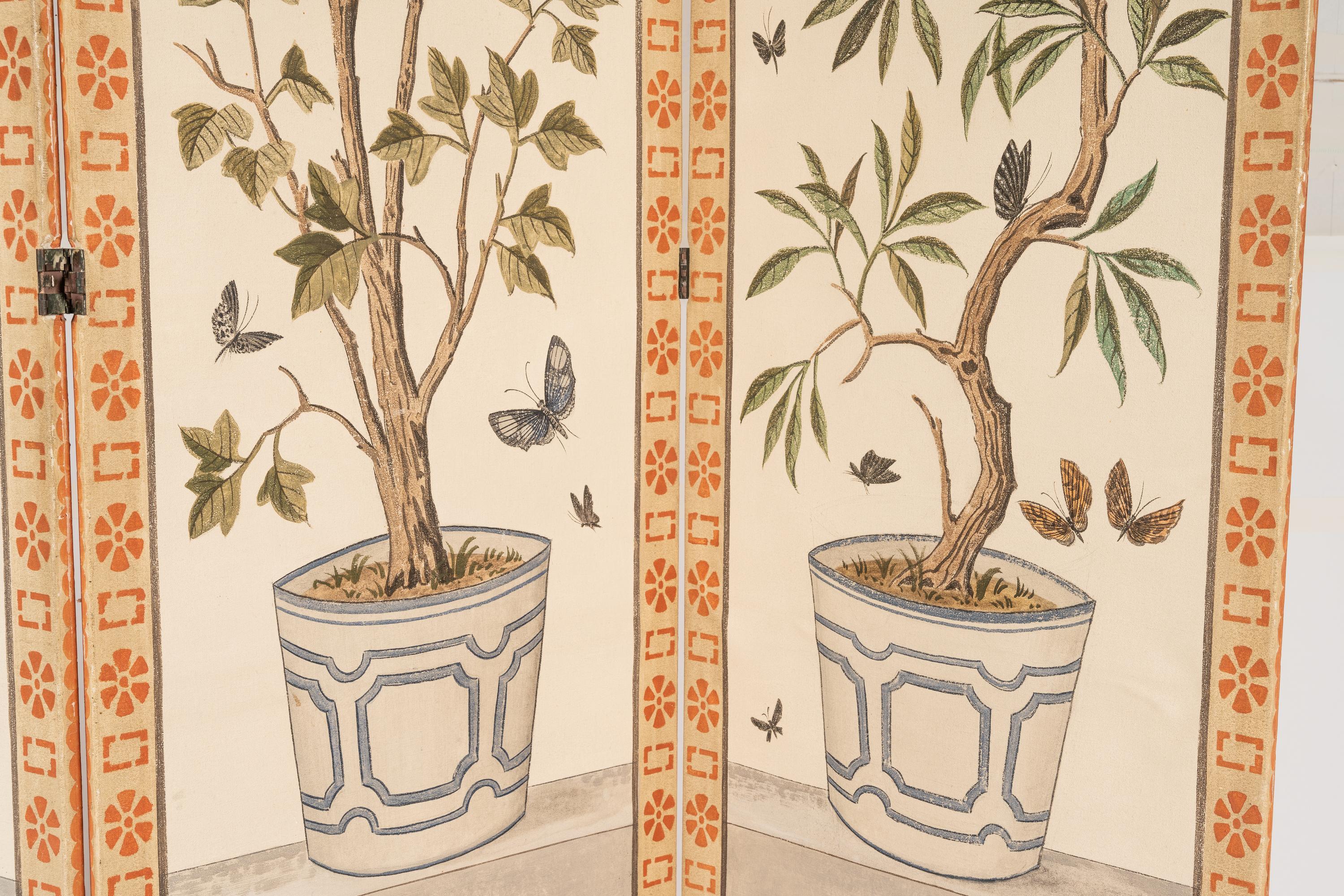 A Pair of Painted Three-Panel Screens