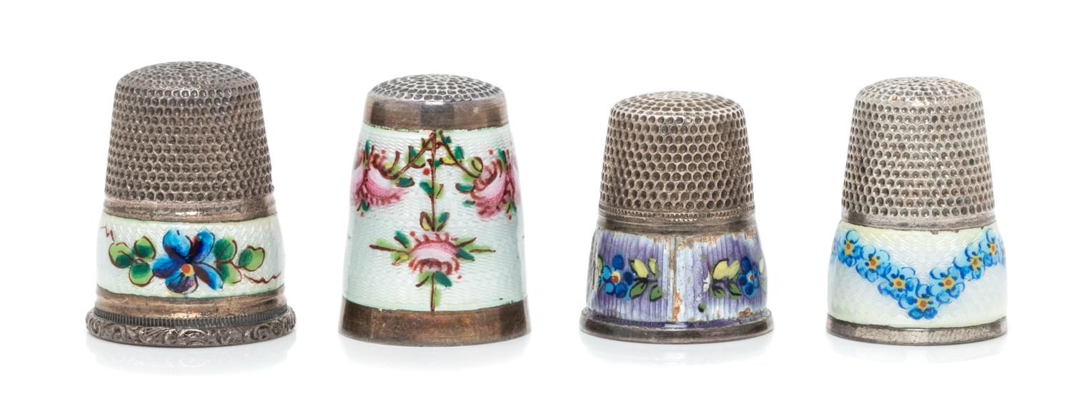A Group of Four Continental Silver and Enamel Thimbles, Various Makers, each having a knurled top above an enamel decorated body with p