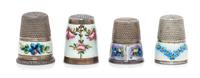 A Group of Four Continental Silver and Enamel Thimbles, Various Makers, each having a knurled top above an enamel decorated body with p