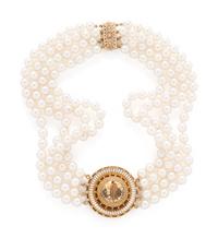 MULTISTRAND CULTURED PEARL, TOPAZ, AND ENAMEL NECKLACE