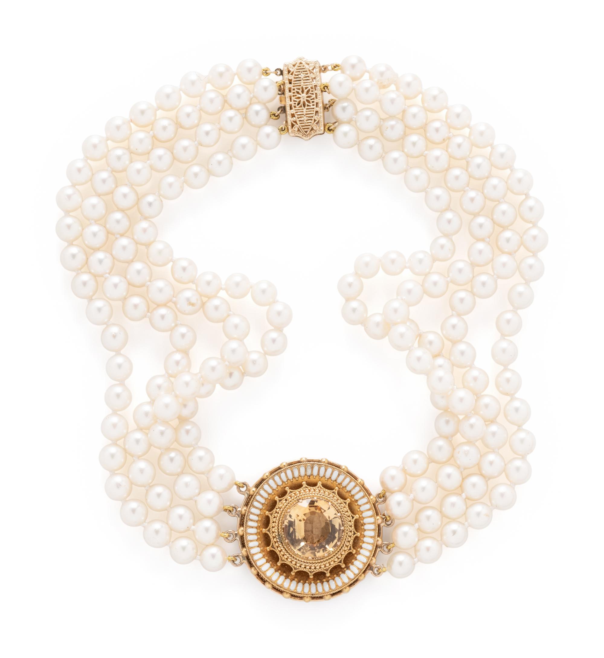 MULTISTRAND CULTURED PEARL, TOPAZ, AND ENAMEL NECKLACE