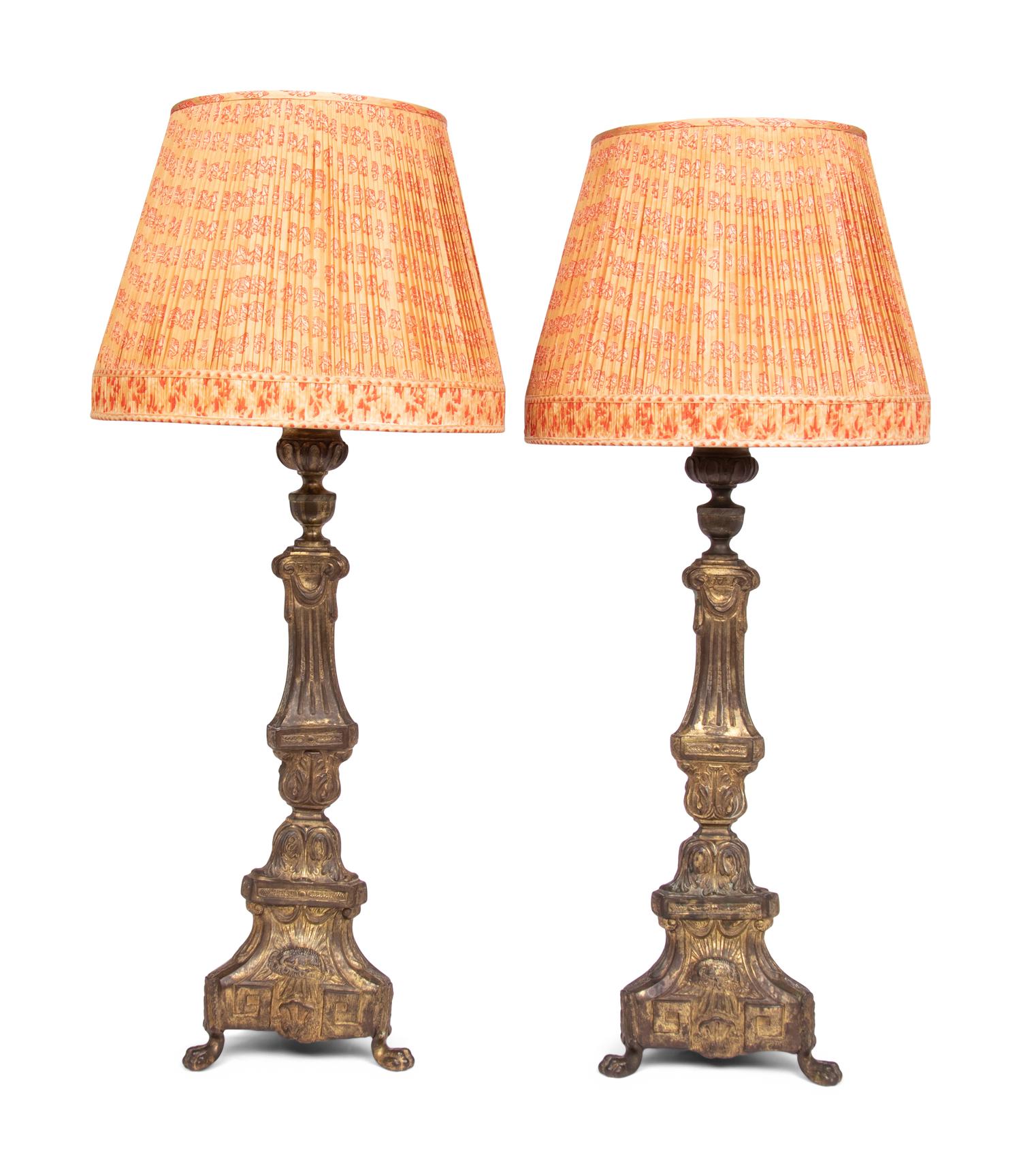 A Pair of Gilt Metal Prickets Mounted as Lamps