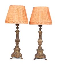 A Pair of Gilt Metal Prickets Mounted as Lamps