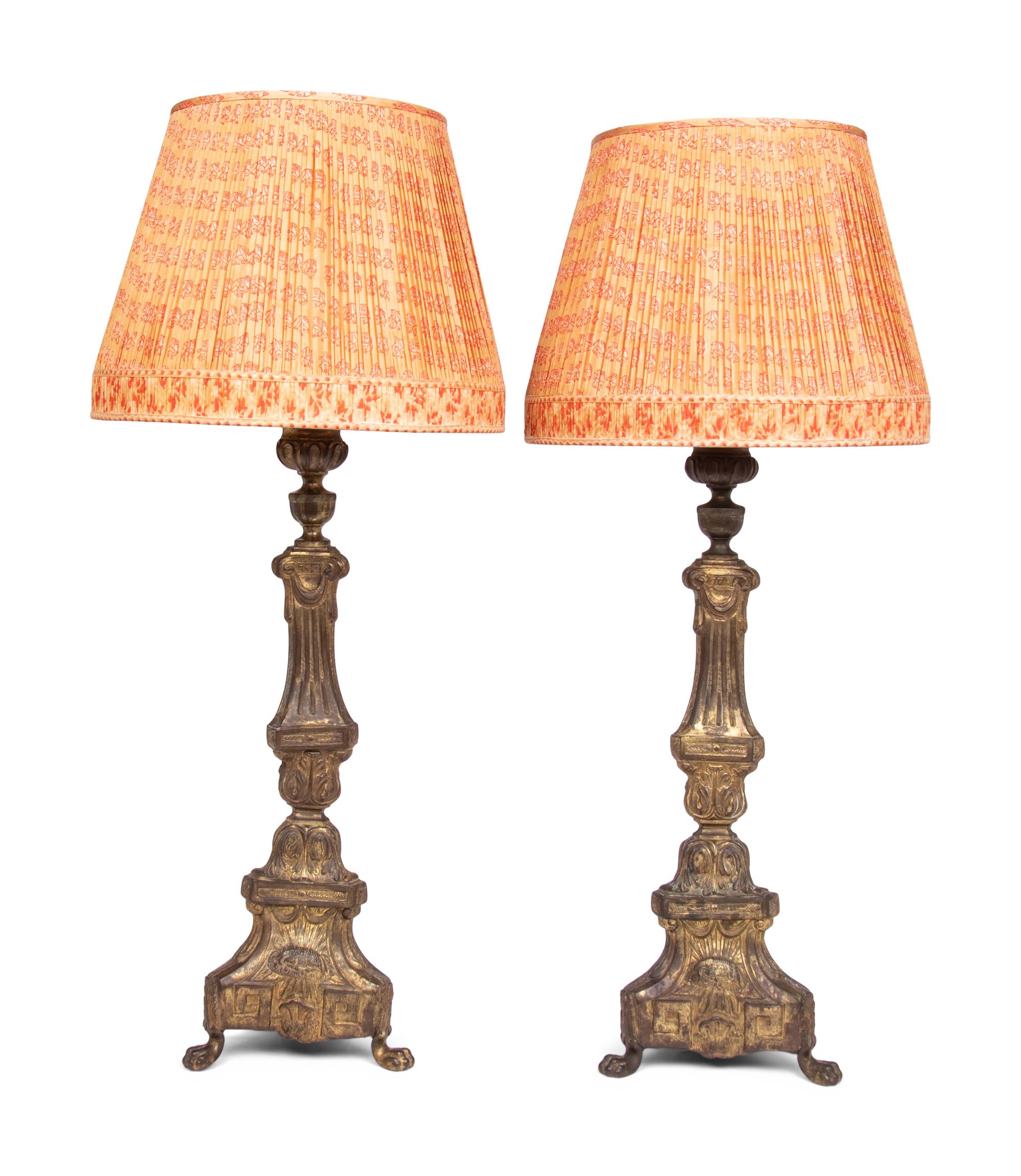 A Pair of Gilt Metal Prickets Mounted as Lamps