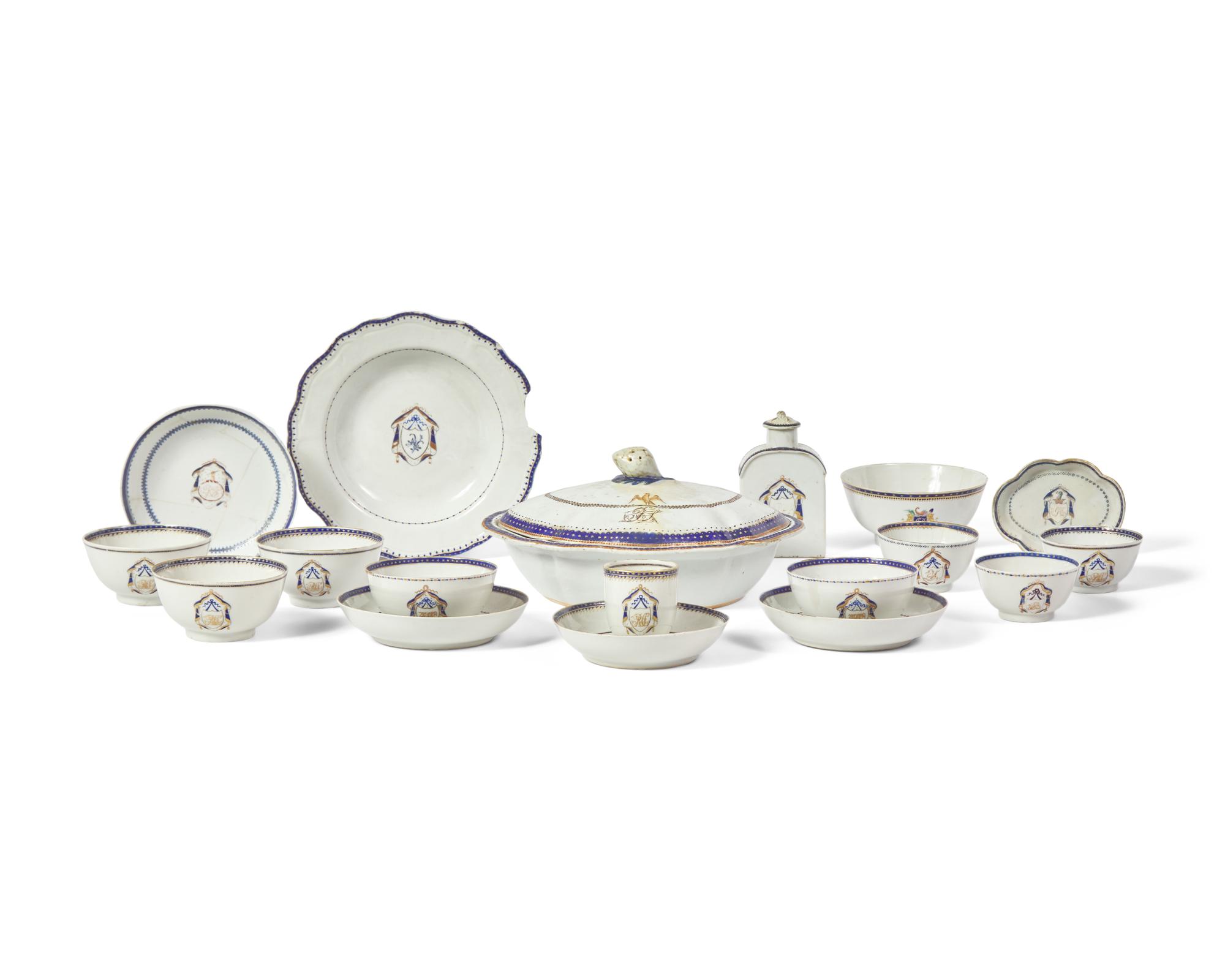 An Assembled Group of Eighteen Chinese Export Porcelain Armorial Tablewares
