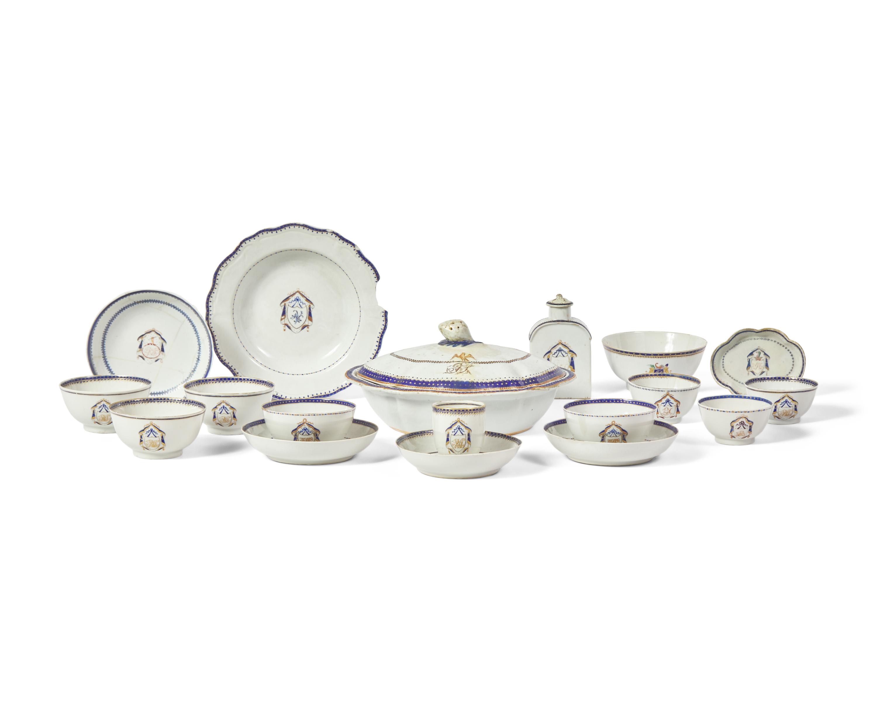 An Assembled Group of Eighteen Chinese Export Porcelain Armorial Tablewares