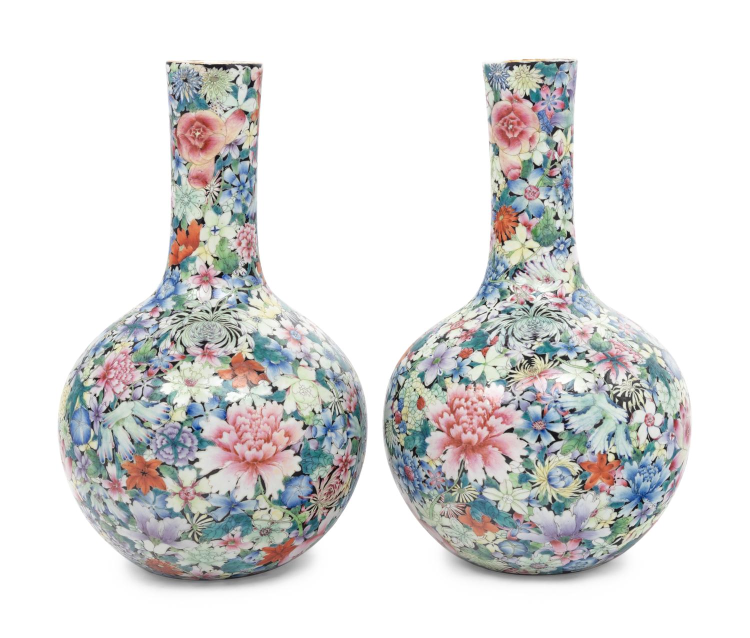 A Pair Chinese Famille Rose ‘Millefleurs’ Porcelain Bottle Vases