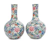 A Pair Chinese Famille Rose ‘Millefleurs’ Porcelain Bottle Vases